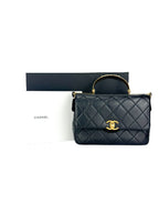 Chanel Black Lambskin Leather Matelasse Top Handle Single Flap Bag Small