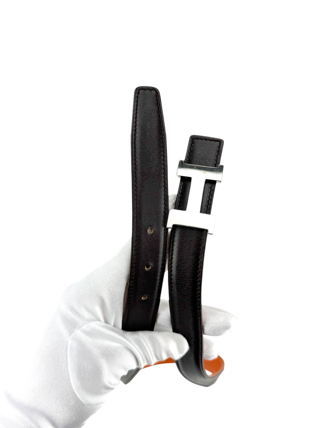 Hermes Brown and Orange Box Calf Leather Reversible H Buckle Belt