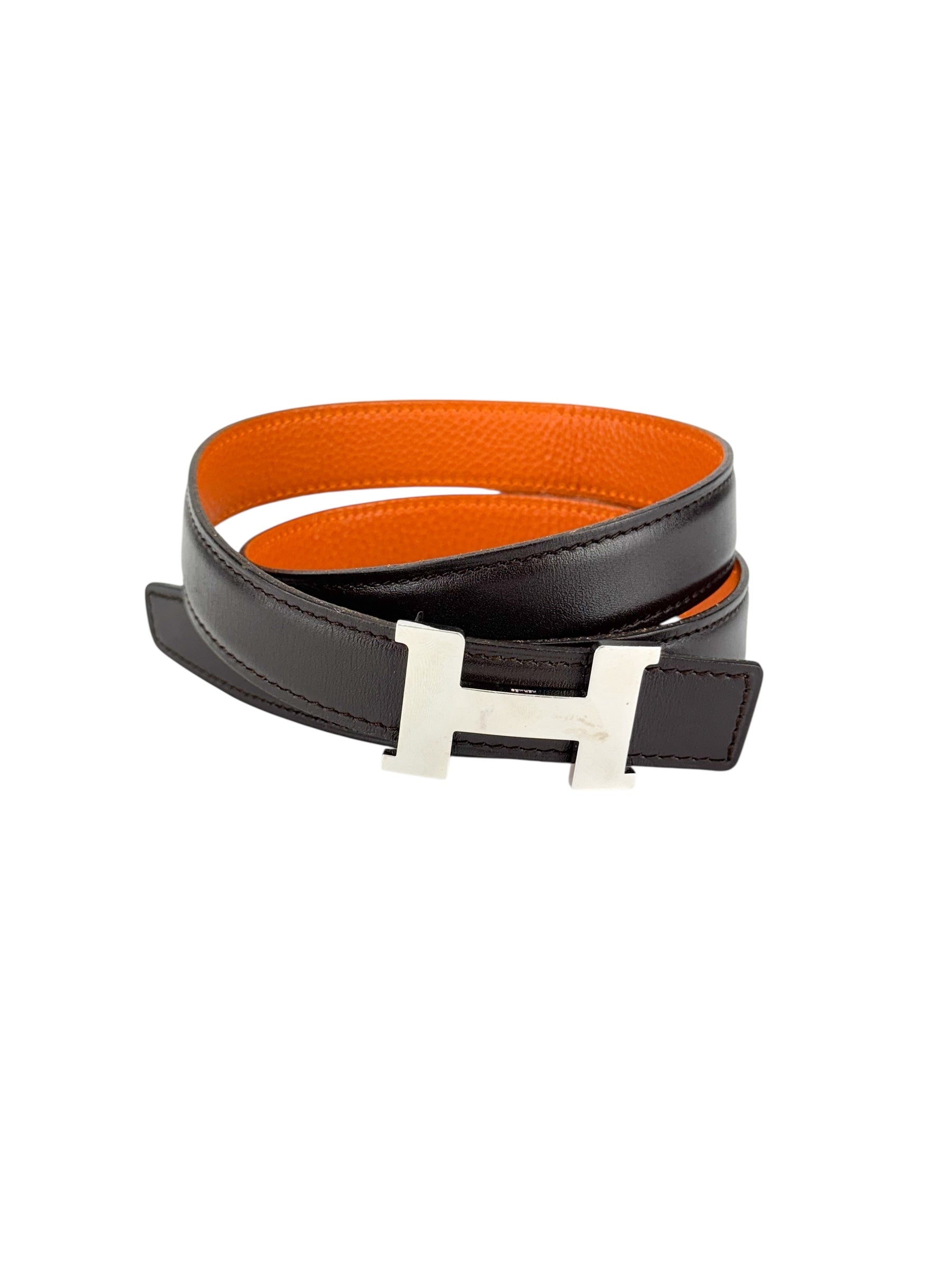 Hermes Brown and Orange Box Calf Leather Reversible H Buckle Belt