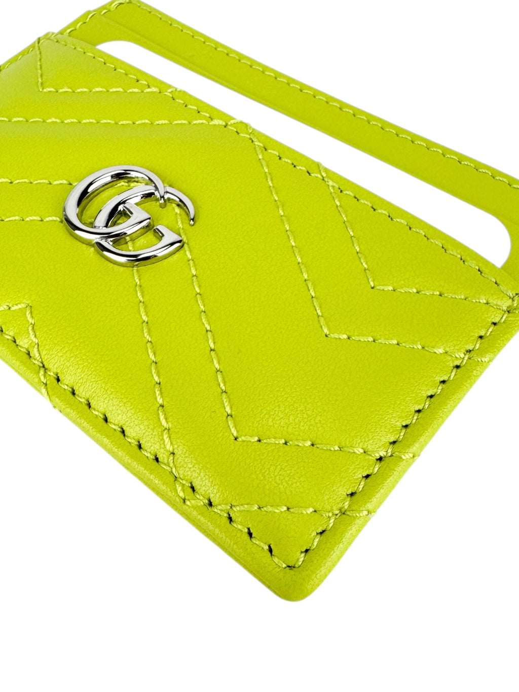 Gucci Lime Green Leather GG Matelasse Chevron Marmont Card Case