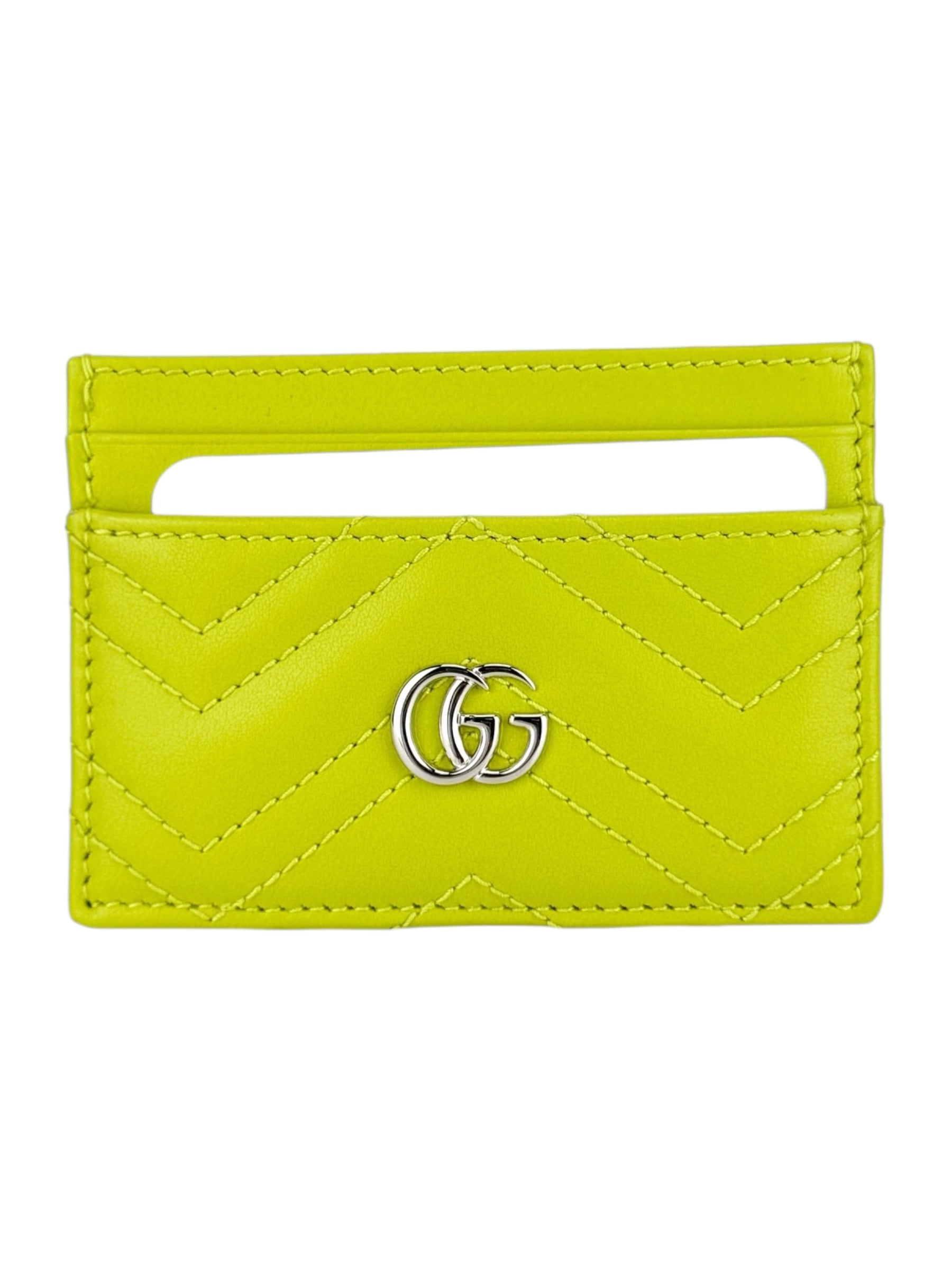 Gucci Lime Green Leather GG Matelasse Chevron Marmont Card Case