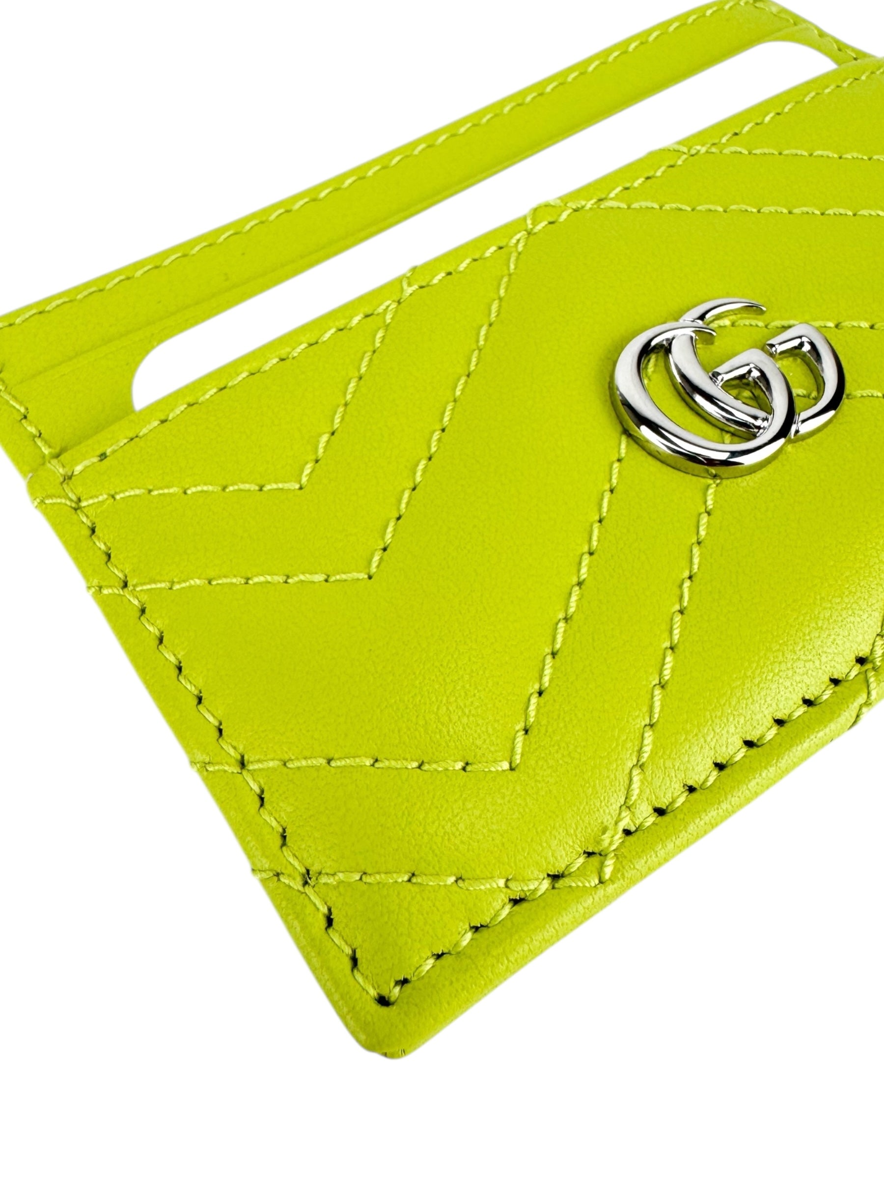 Gucci Lime Green Leather GG Matelasse Chevron Marmont Card Case
