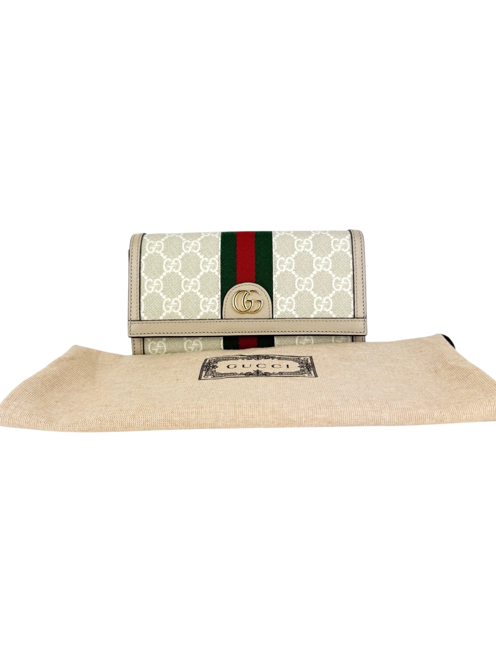 Gucci Beige and White Coated Canvas Leather Ophidia Chain Wallet