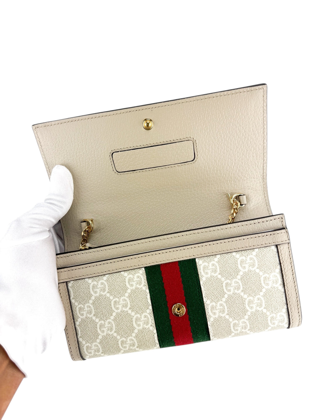 Gucci Beige and White Coated Canvas Leather Ophidia Chain Wallet