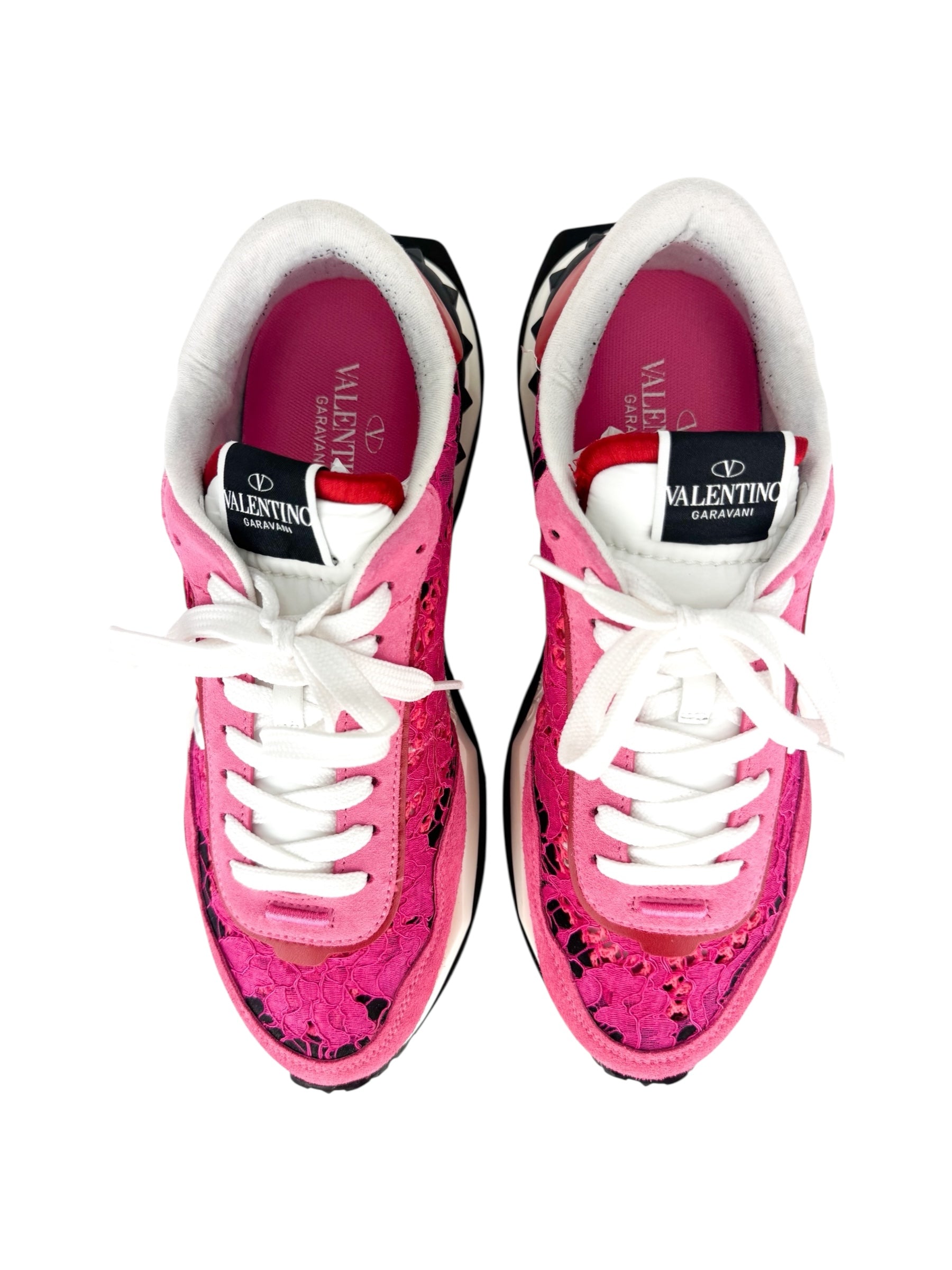 Valentino Pink Red and White Lace Runner Sneakers