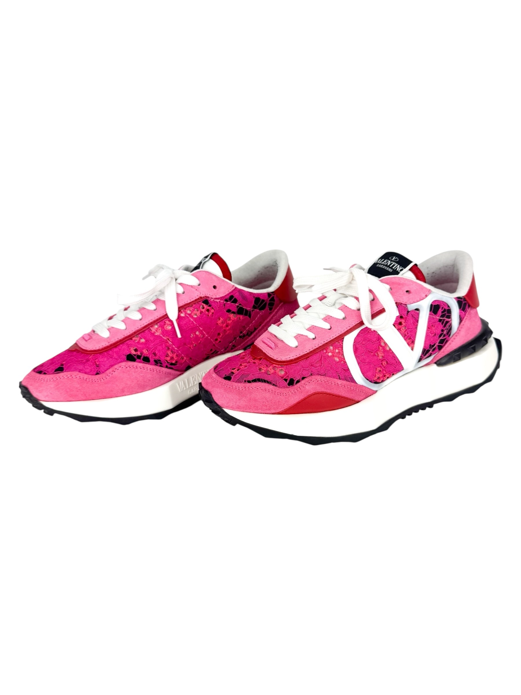 Valentino Pink Red and White Lace Runner Sneakers