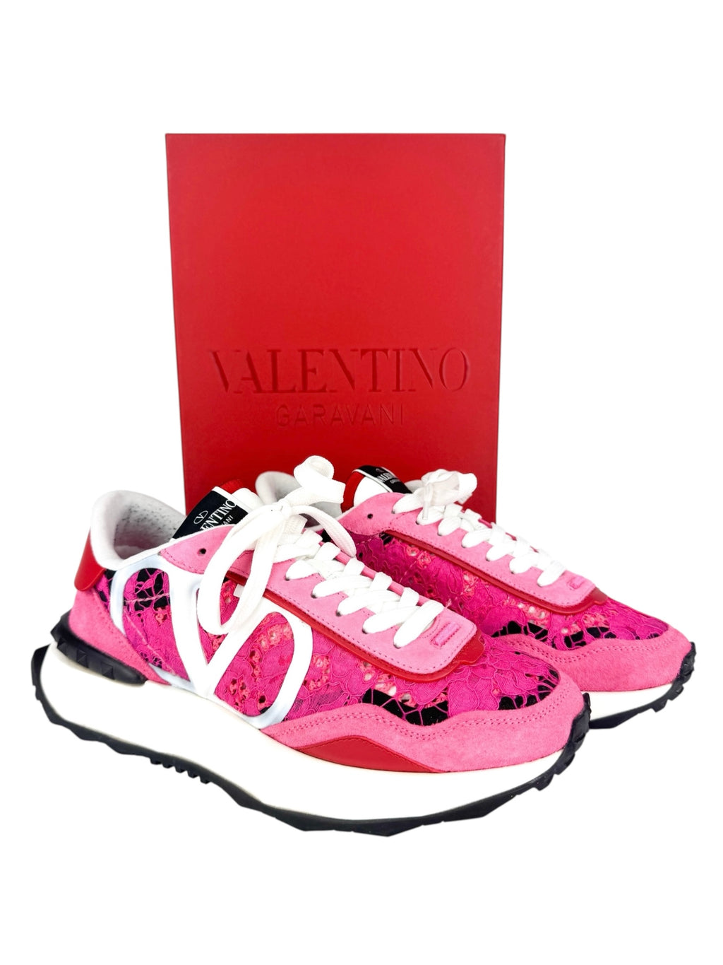 Valentino Pink Red and White Lace Runner Sneakers