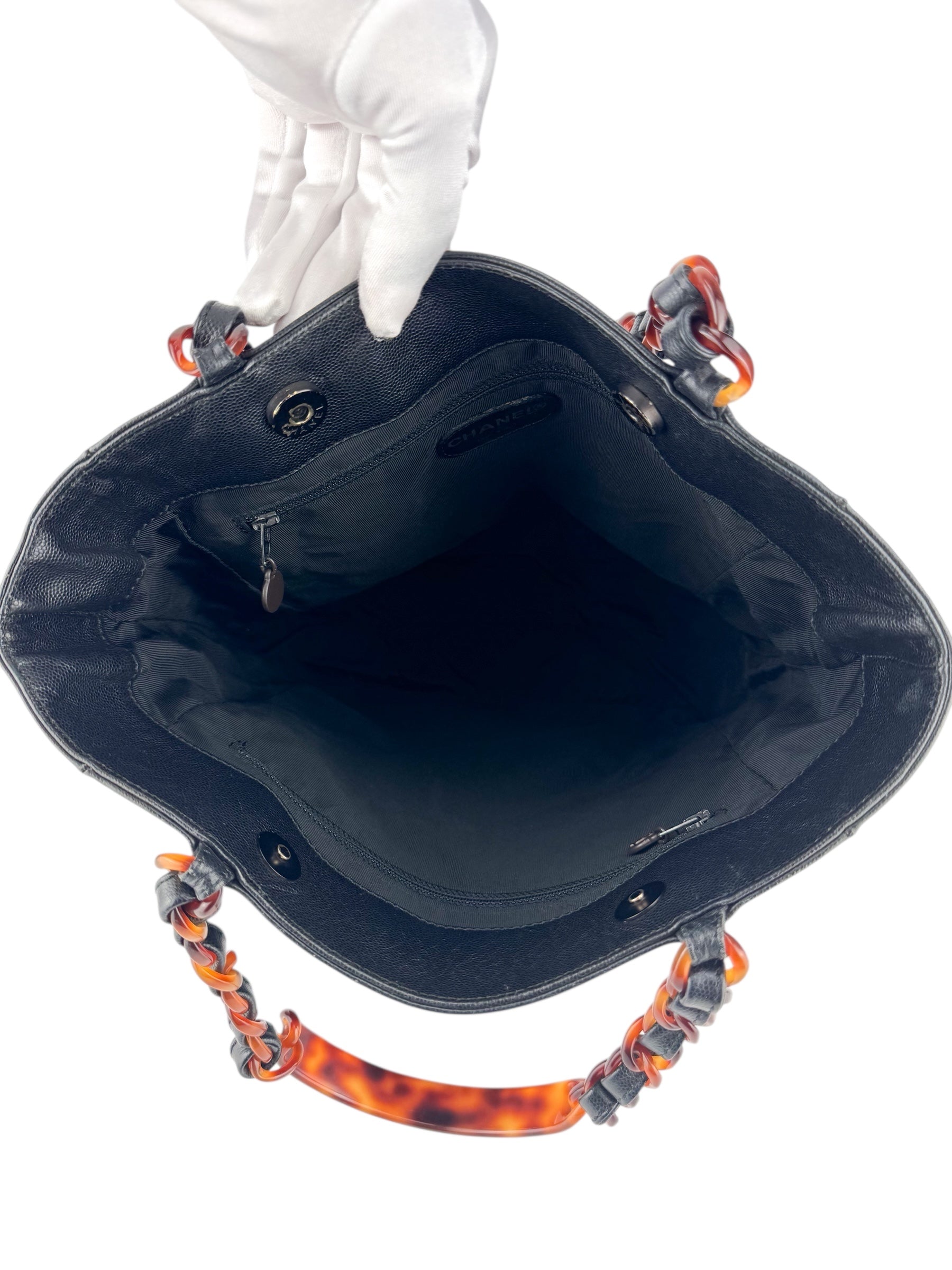 Chanel Black Caviar Leather Tortoise Shell Chain Tote Bag