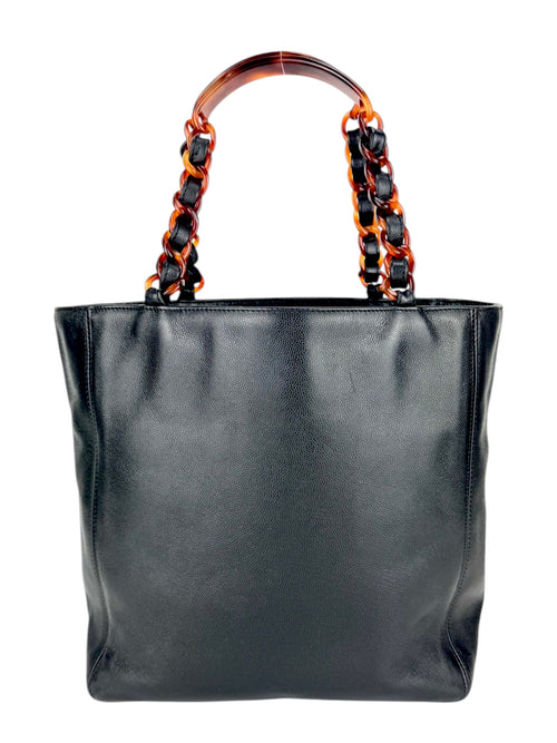 Chanel Black Caviar Leather Tortoise Shell Chain Tote Bag