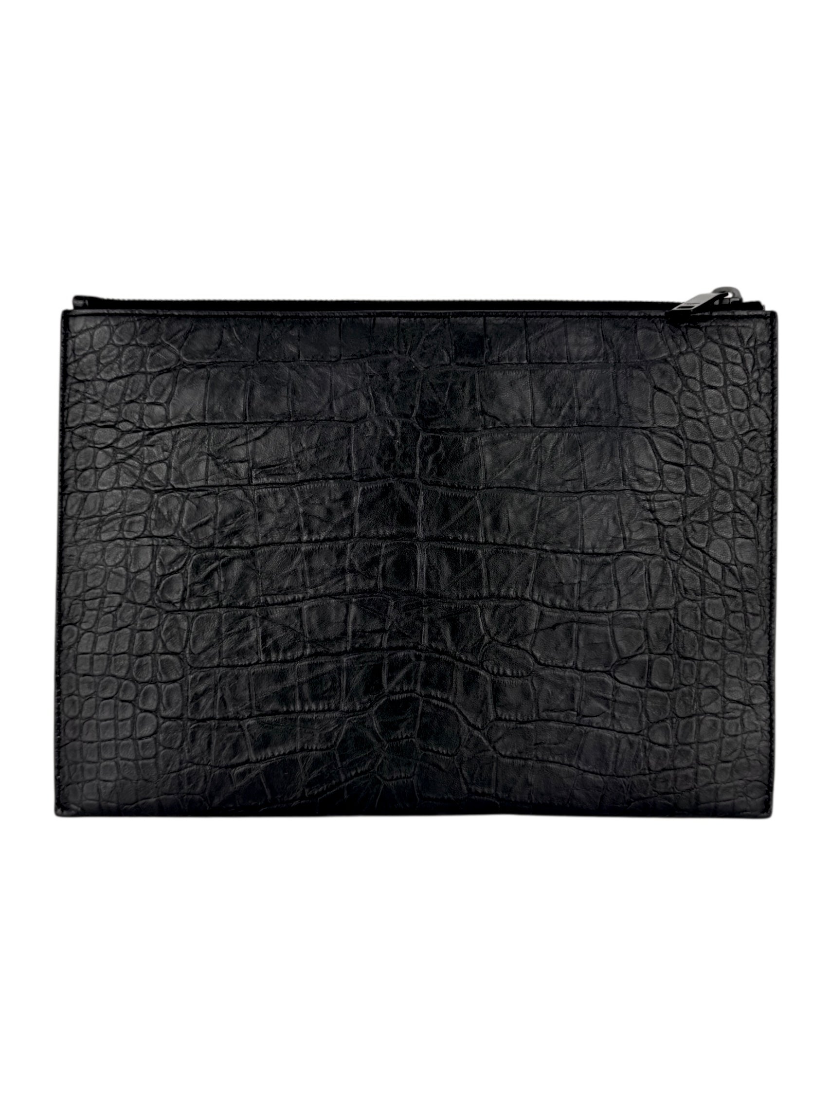 Saint Laurent Black Leather Croc Embossed Paris Clutch Bag