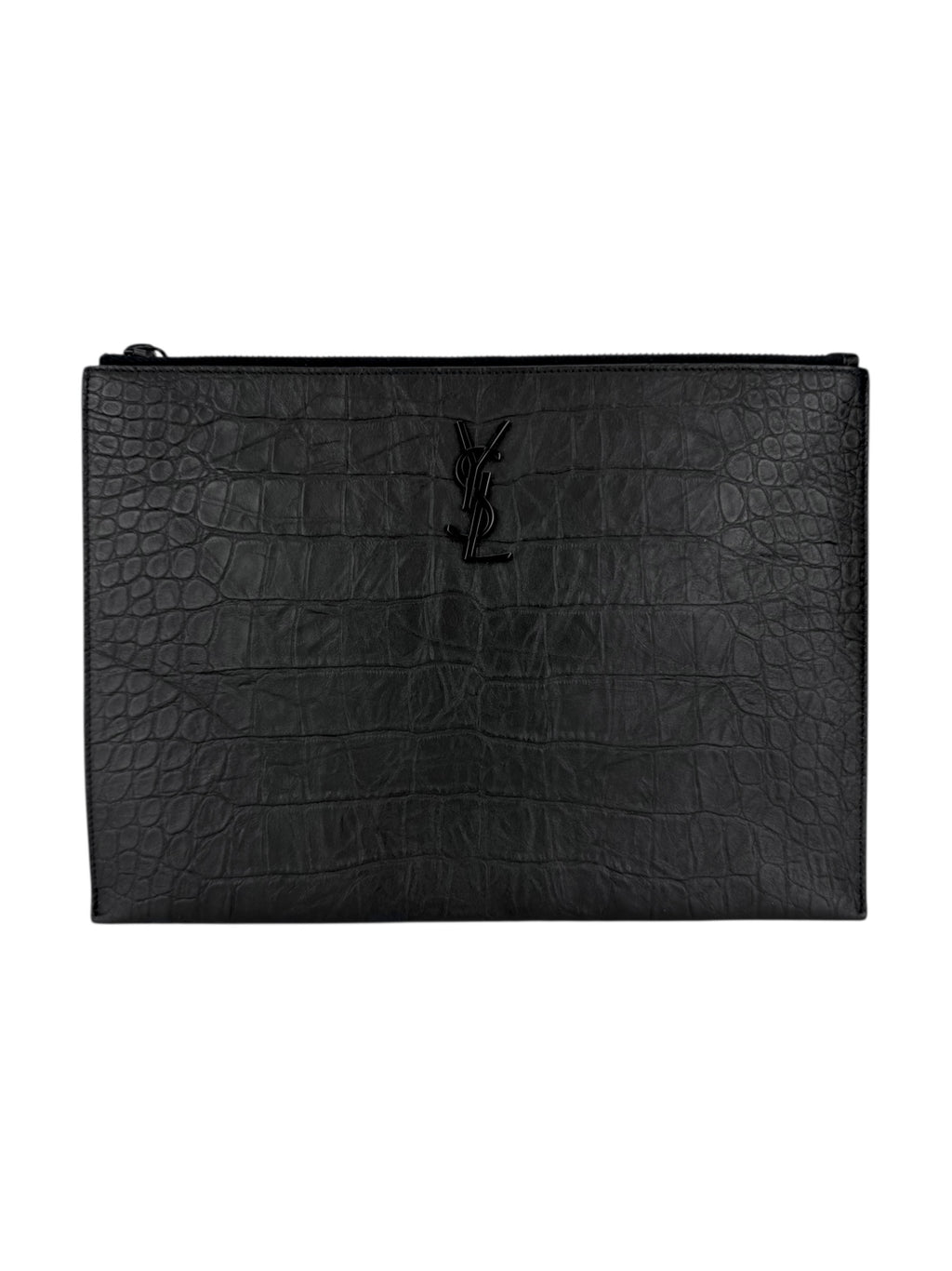 Saint Laurent Black Leather Croc Embossed Paris Clutch Bag