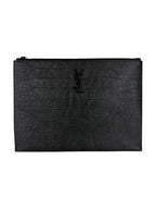 Saint Laurent Black Leather Croc Embossed Paris Clutch Bag