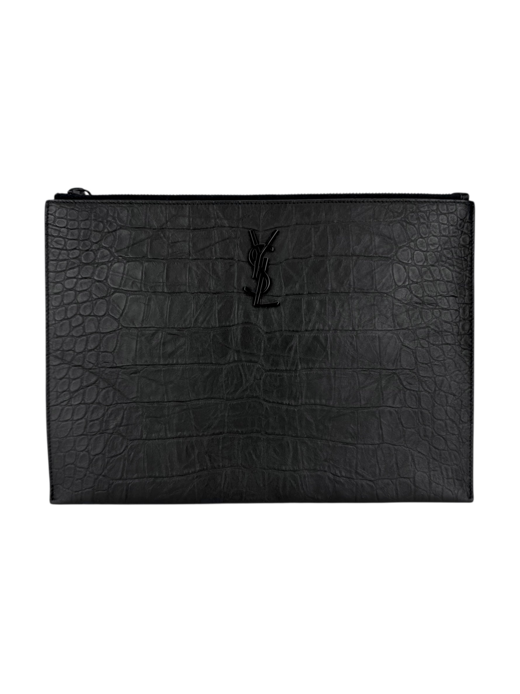 Saint Laurent Black Leather Croc Embossed Paris Clutch Bag