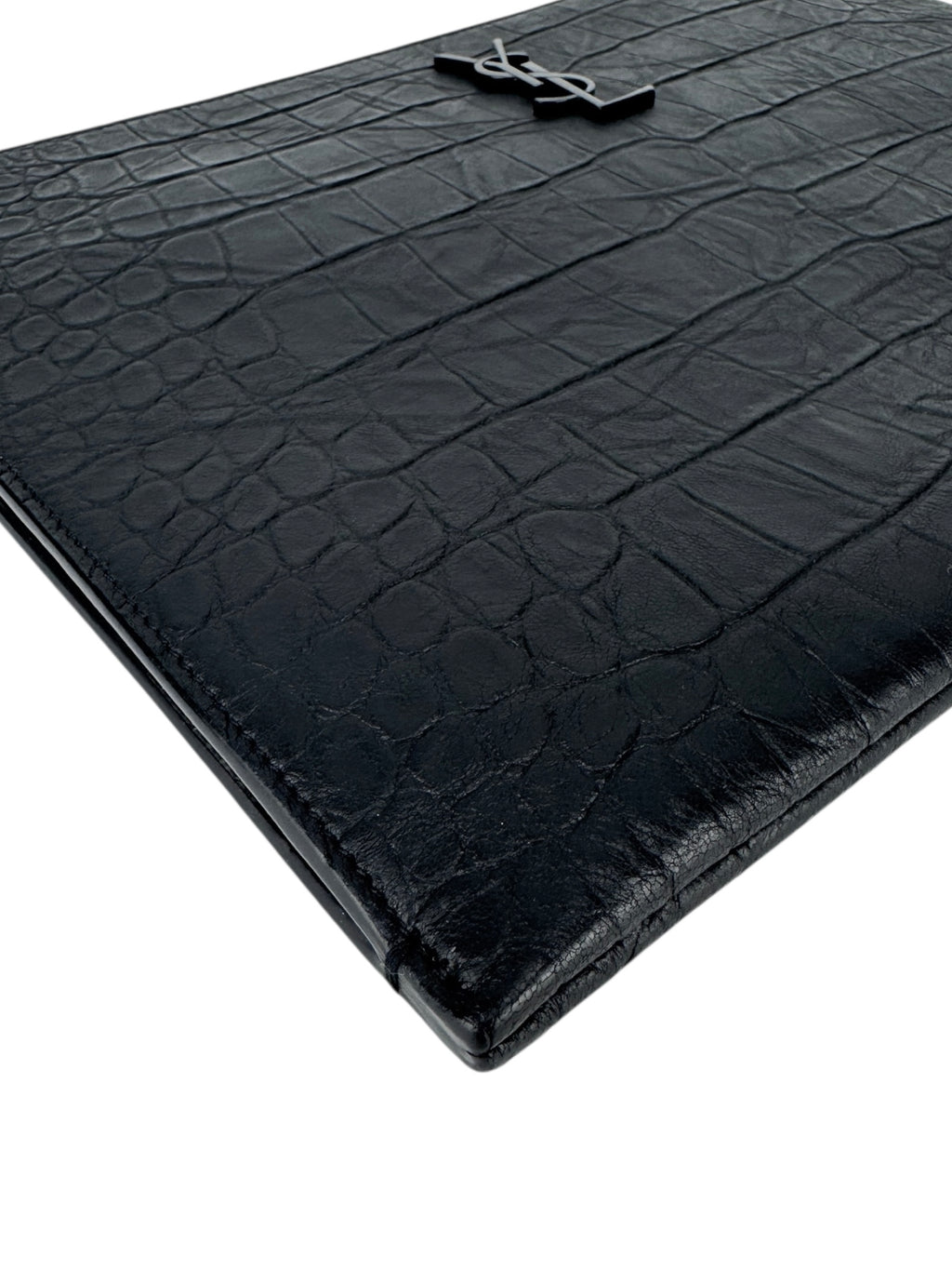 Saint Laurent Black Leather Croc Embossed Paris Clutch Bag