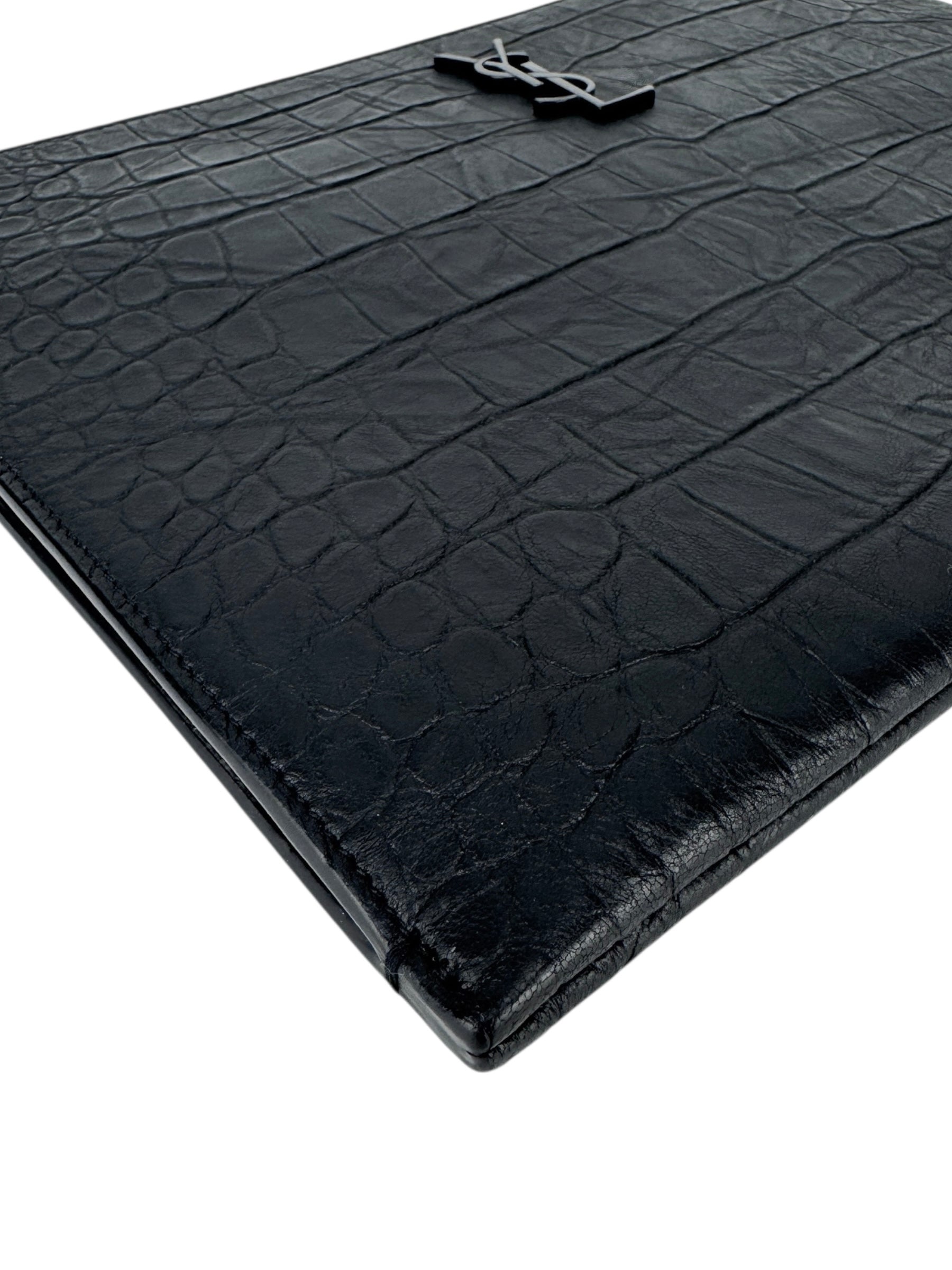 Saint Laurent Black Leather Croc Embossed Paris Clutch Bag