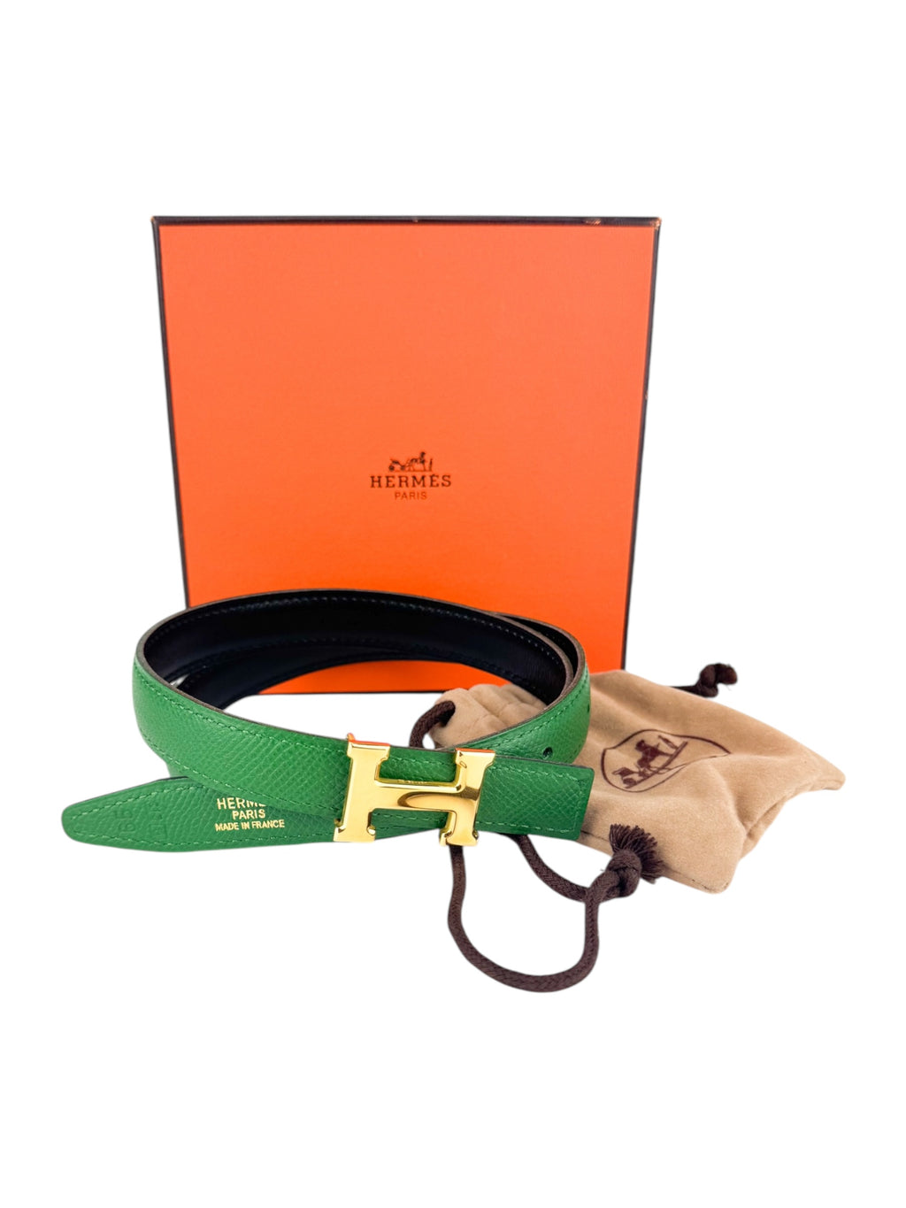 Hermes Dark Green and Black Togo Leather Reversible H Buckle Belt Size 24.4