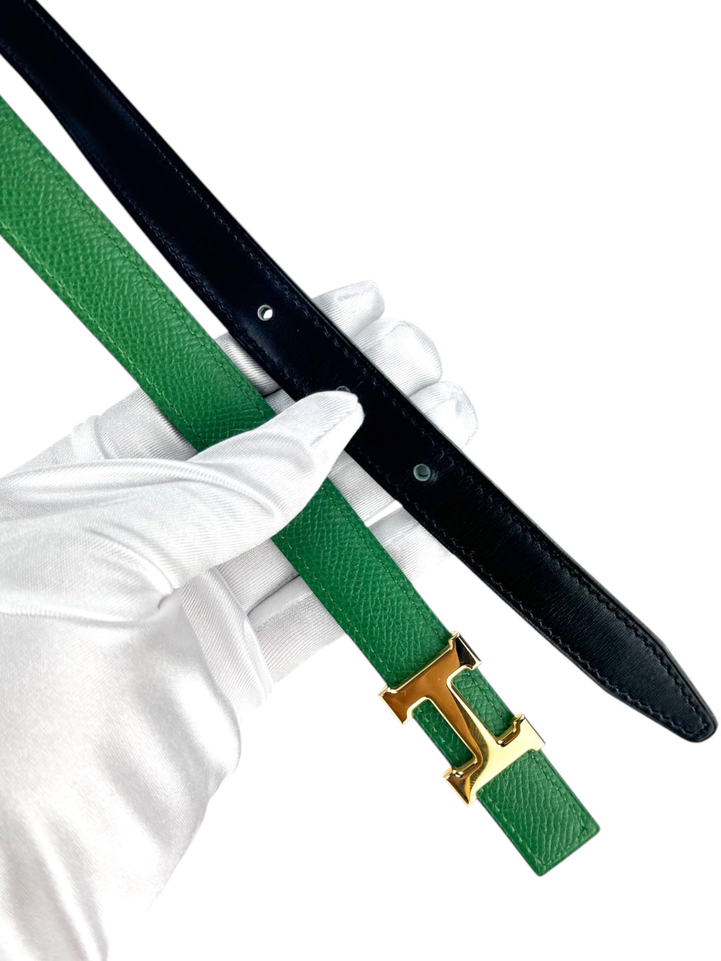 Hermes Dark Green and Black Togo Leather Reversible H Buckle Belt Size 24.4