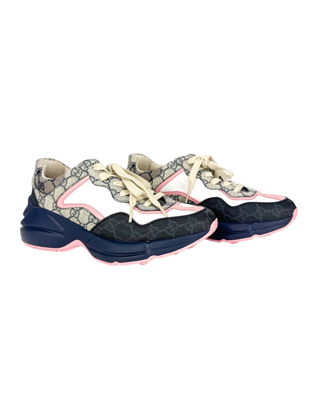 Gucci Beige, Navy, Light Pink and White GG Rhyton Sneakers