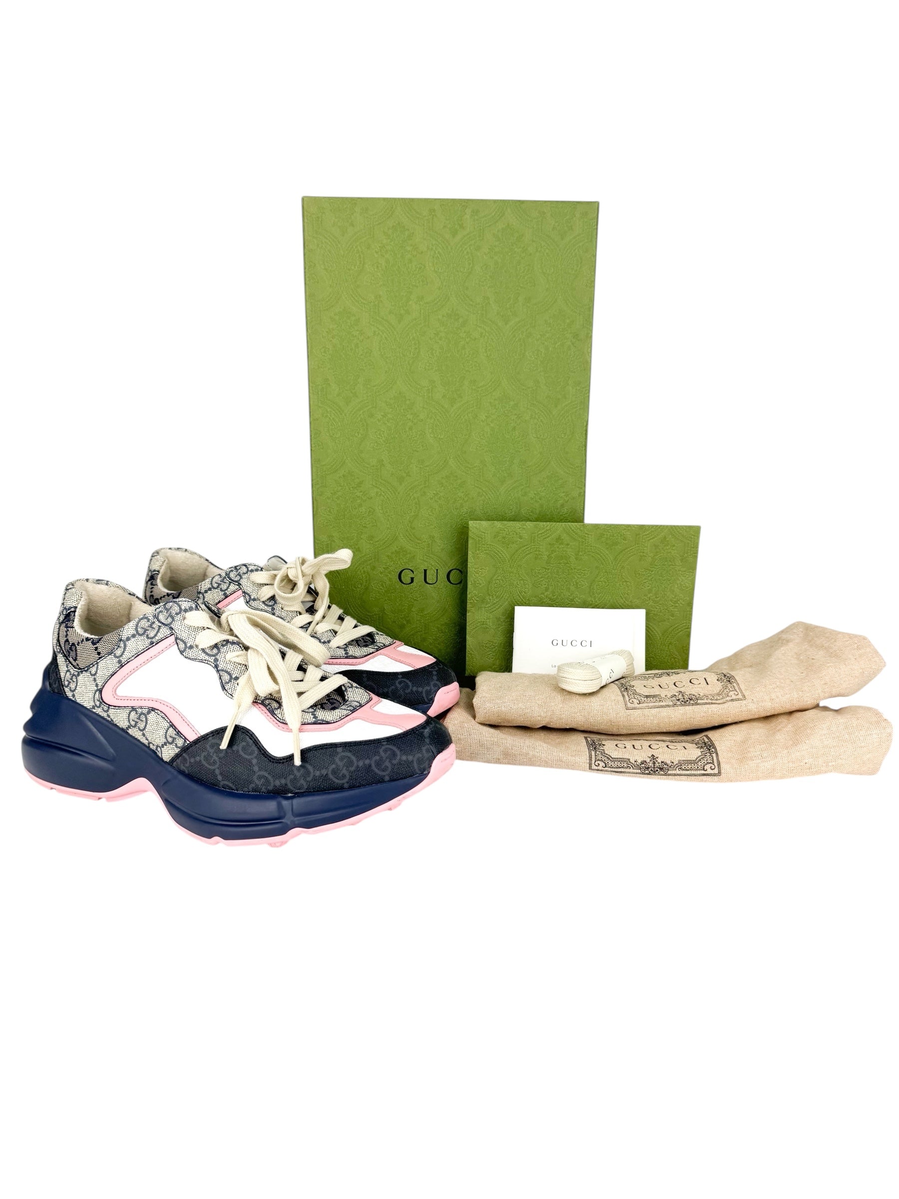 Gucci Beige, Navy, Light Pink and White GG Rhyton Sneakers