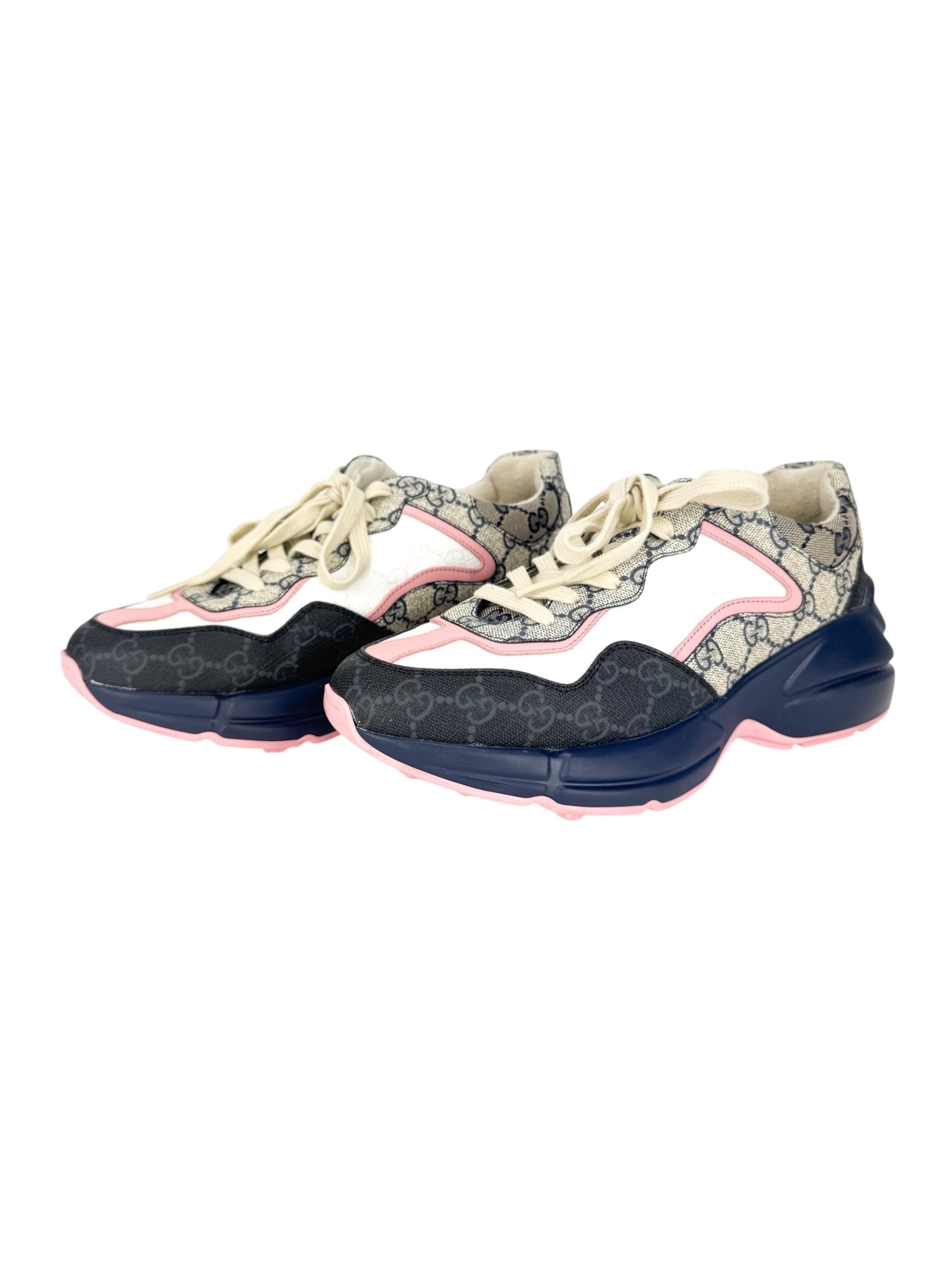 Gucci Beige, Navy, Light Pink and White GG Rhyton Sneakers