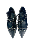 Valentino Black Leather Caged Rockstud Ankle Flats 38