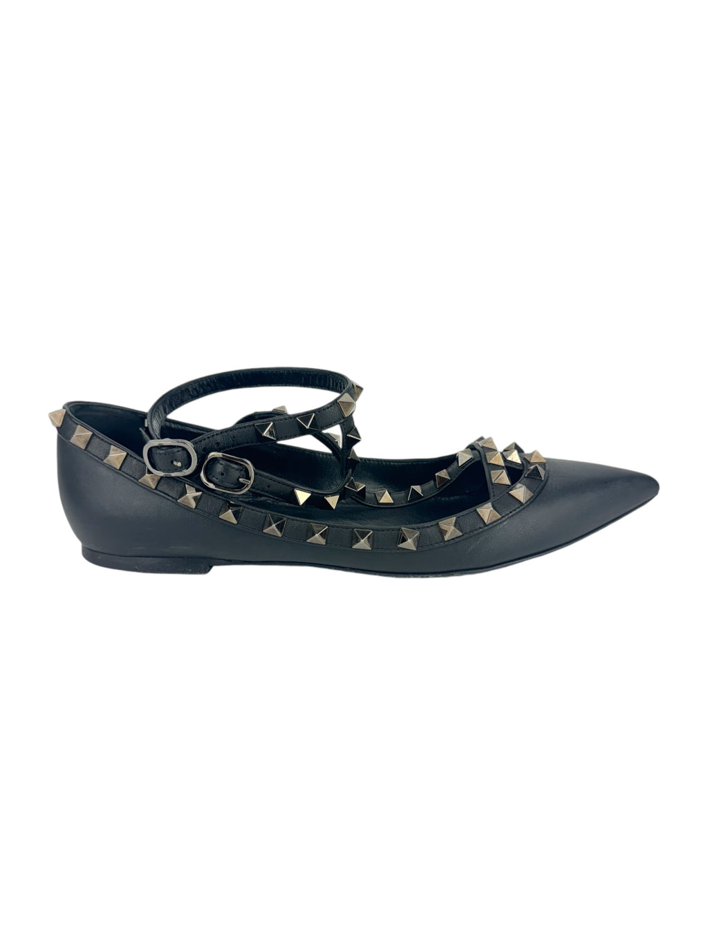 Valentino Black Leather Caged Rockstud Ankle Flats 38 – Luxury Anew
