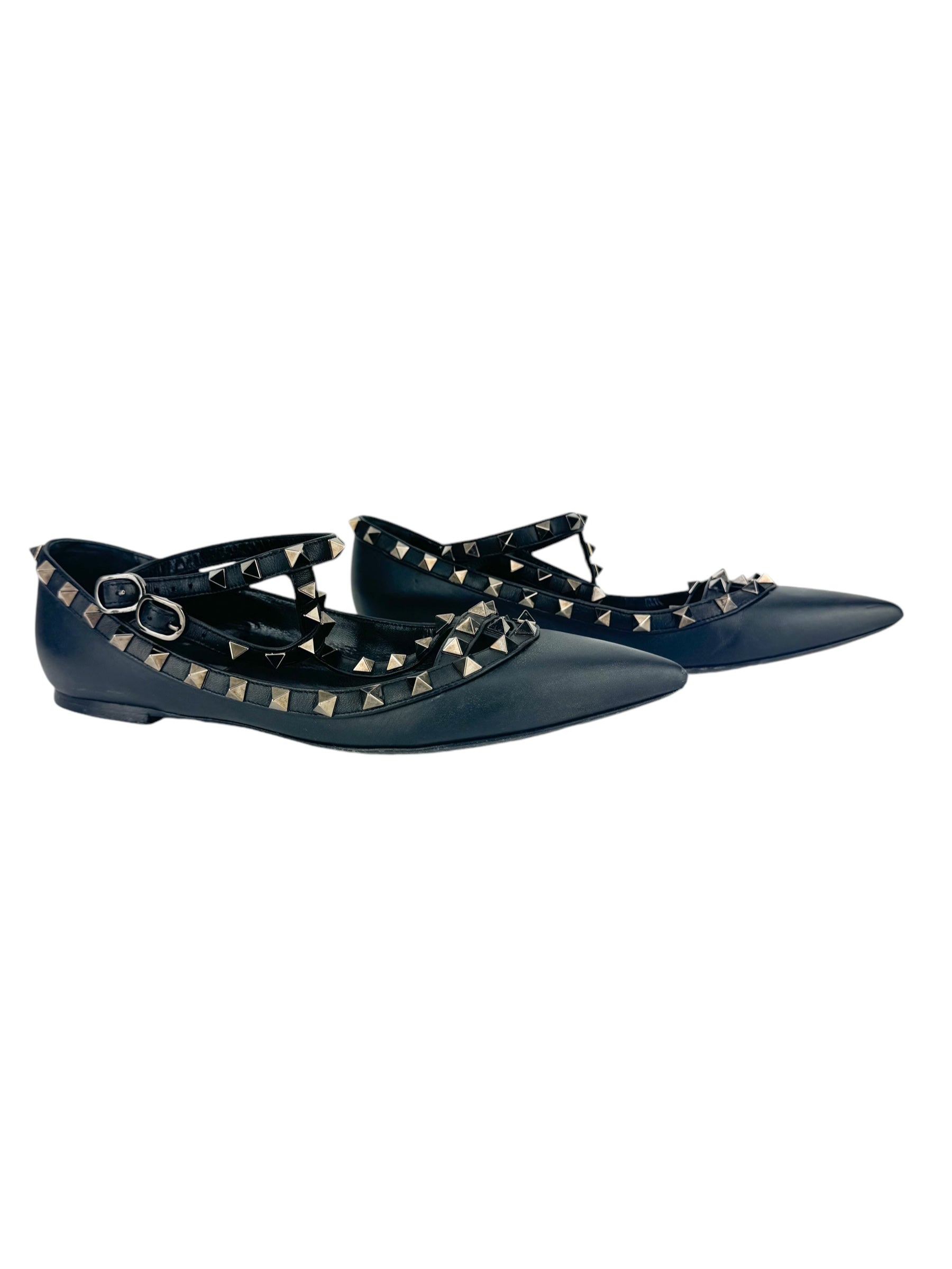 Valentino Black Leather Caged Rockstud Ankle Flats 38