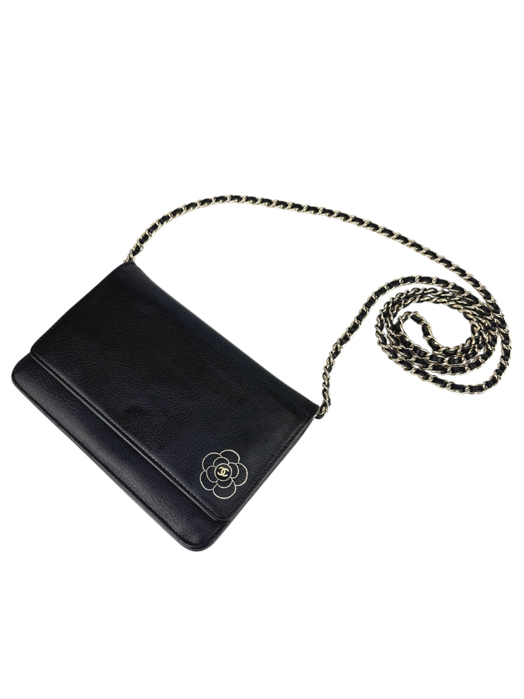 Chanel Black Leather Camellia Wallet On Chain