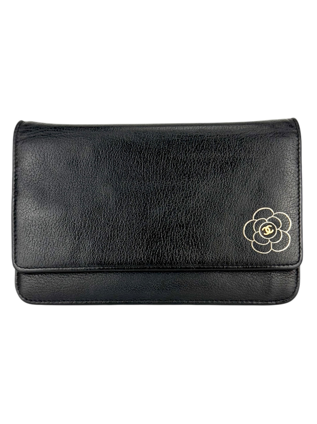 Chanel Black Leather Camellia Wallet On Chain