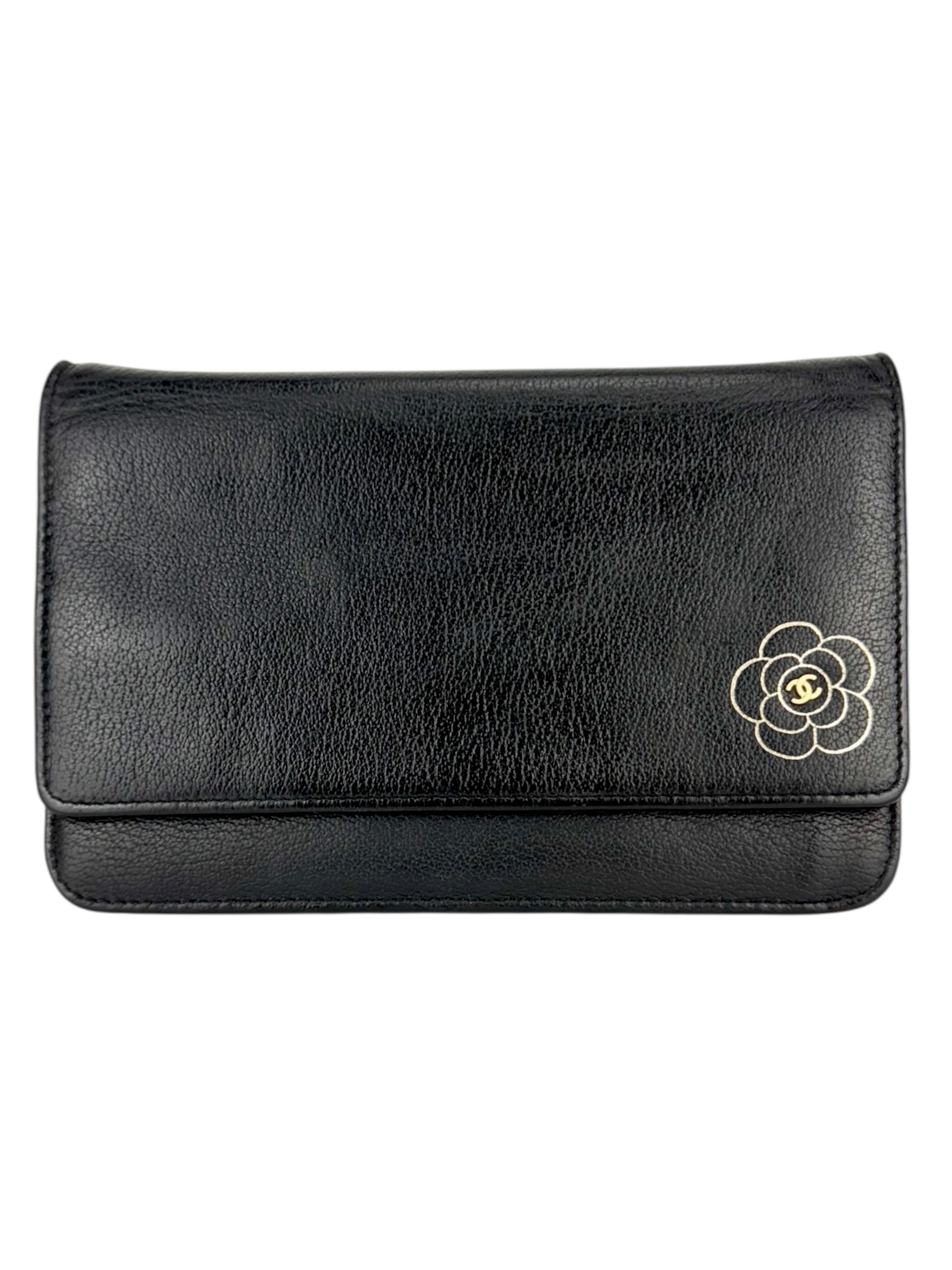 Chanel Black Leather Camellia Wallet On Chain