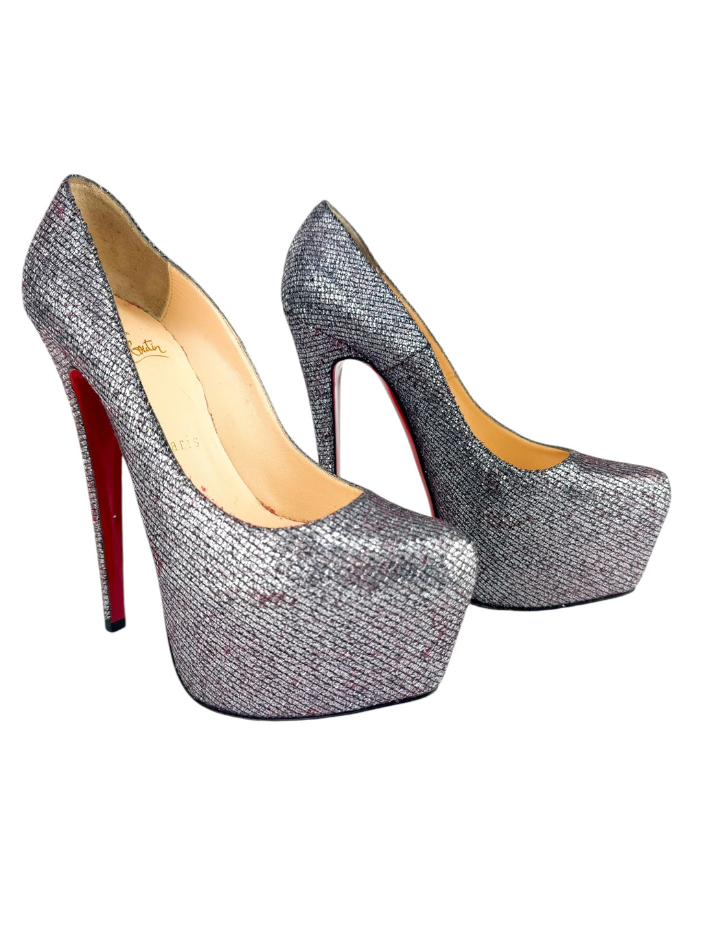 Christian Louboutin Silver Daffodile Lady Glitter High Heel Pump 37