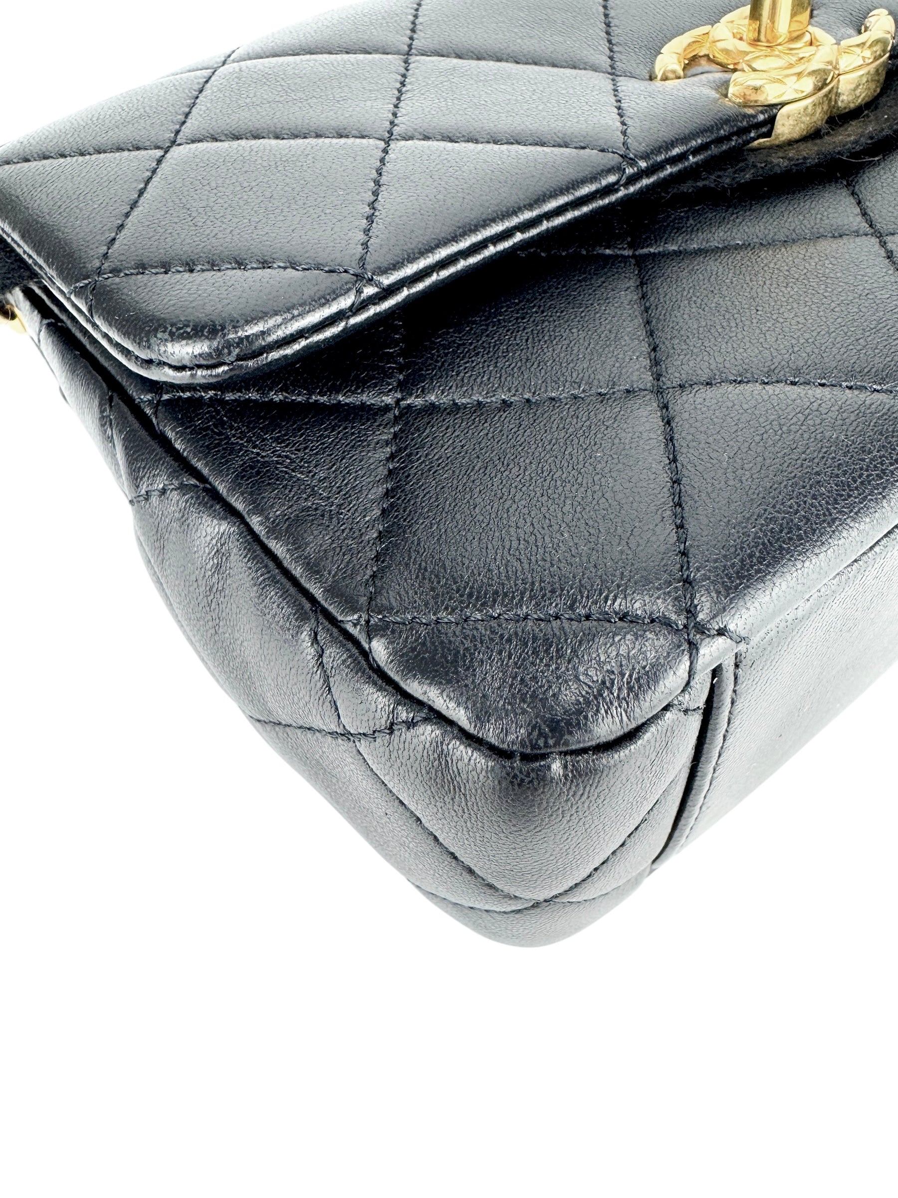 Chanel Black Lambskin Leather Matelasse Top Handle Single Flap Bag Small