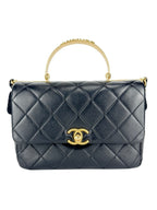 Chanel Black Lambskin Leather Matelasse Top Handle Single Flap Bag Small