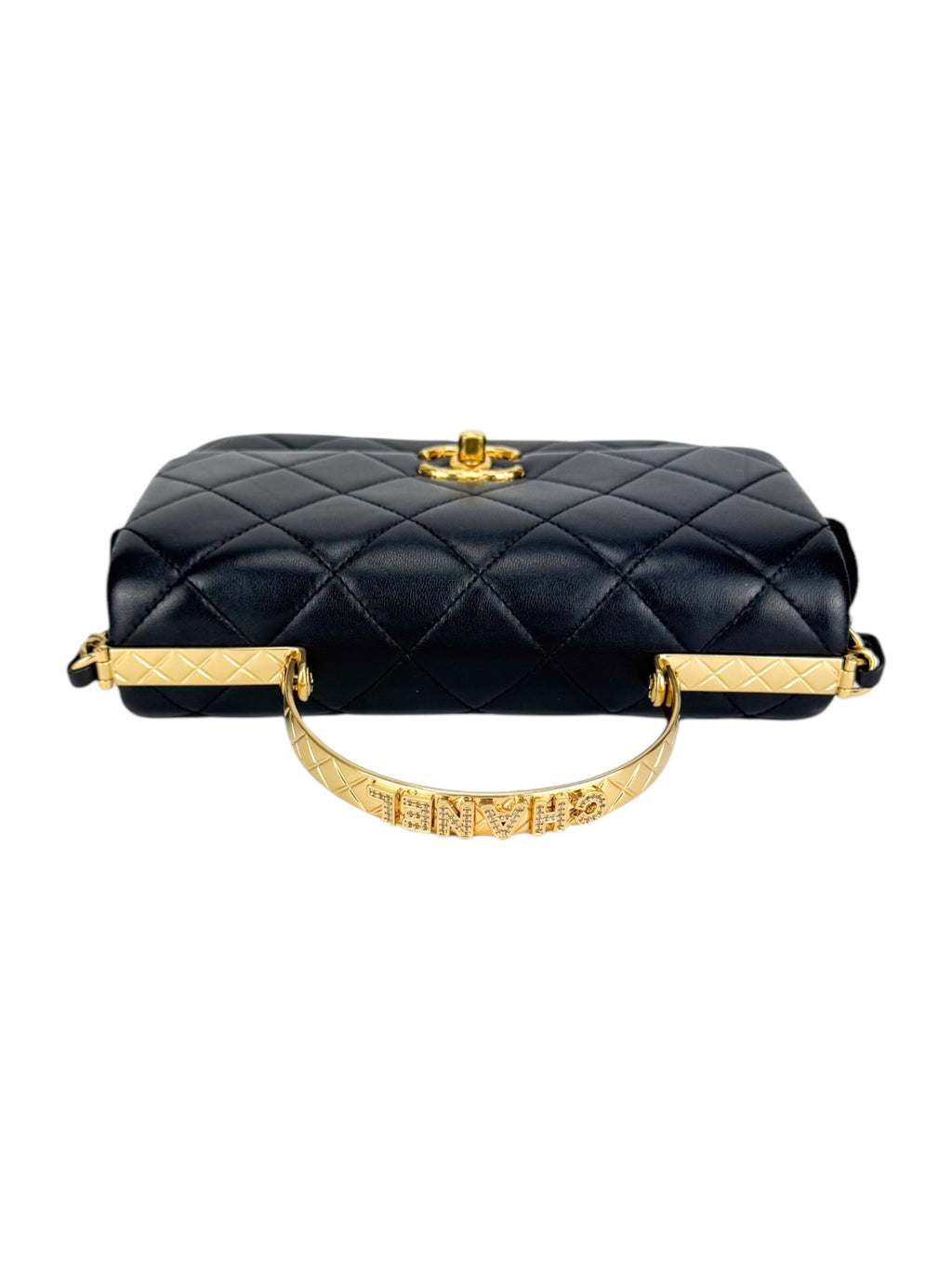 Chanel Black Lambskin Leather Matelasse Top Handle Single Flap Bag Small