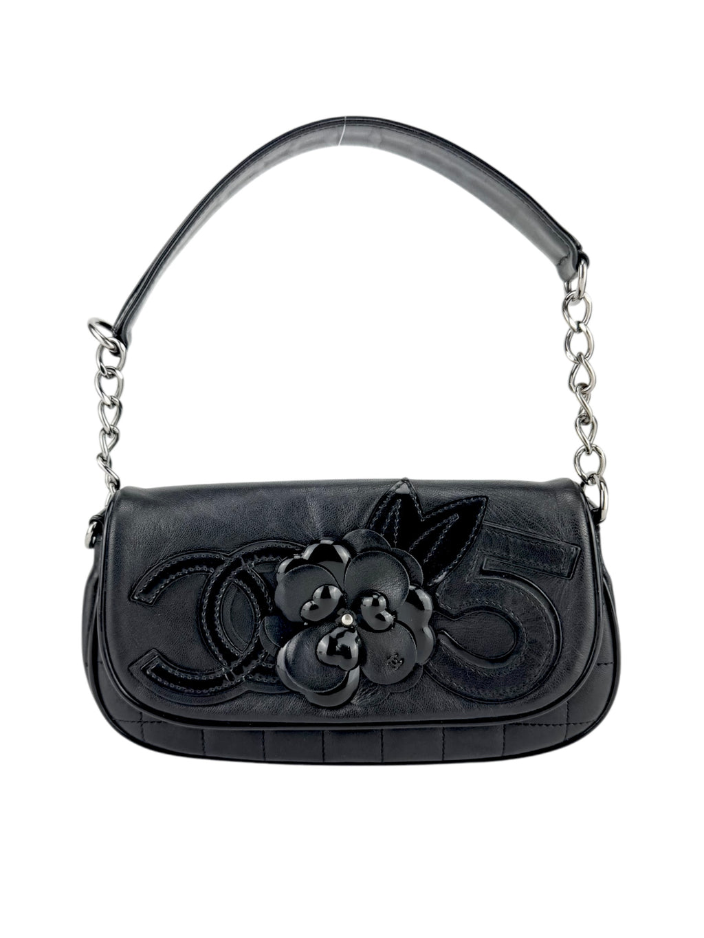 Chanel Black Lambskin and Patent Leather Camellia Chocolate Bar Handbag
