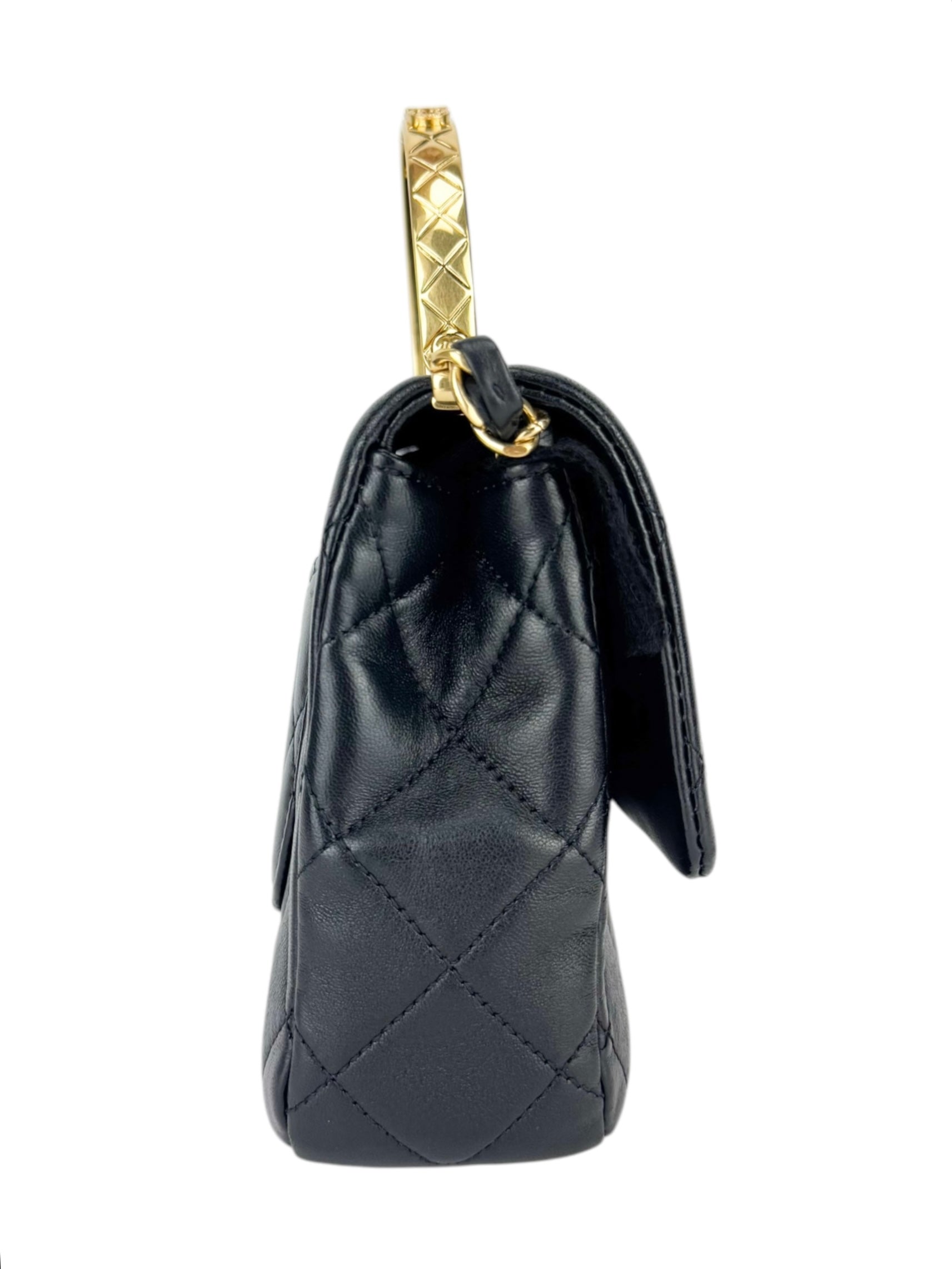 Chanel Black Lambskin Leather Matelasse Top Handle Single Flap Bag Small
