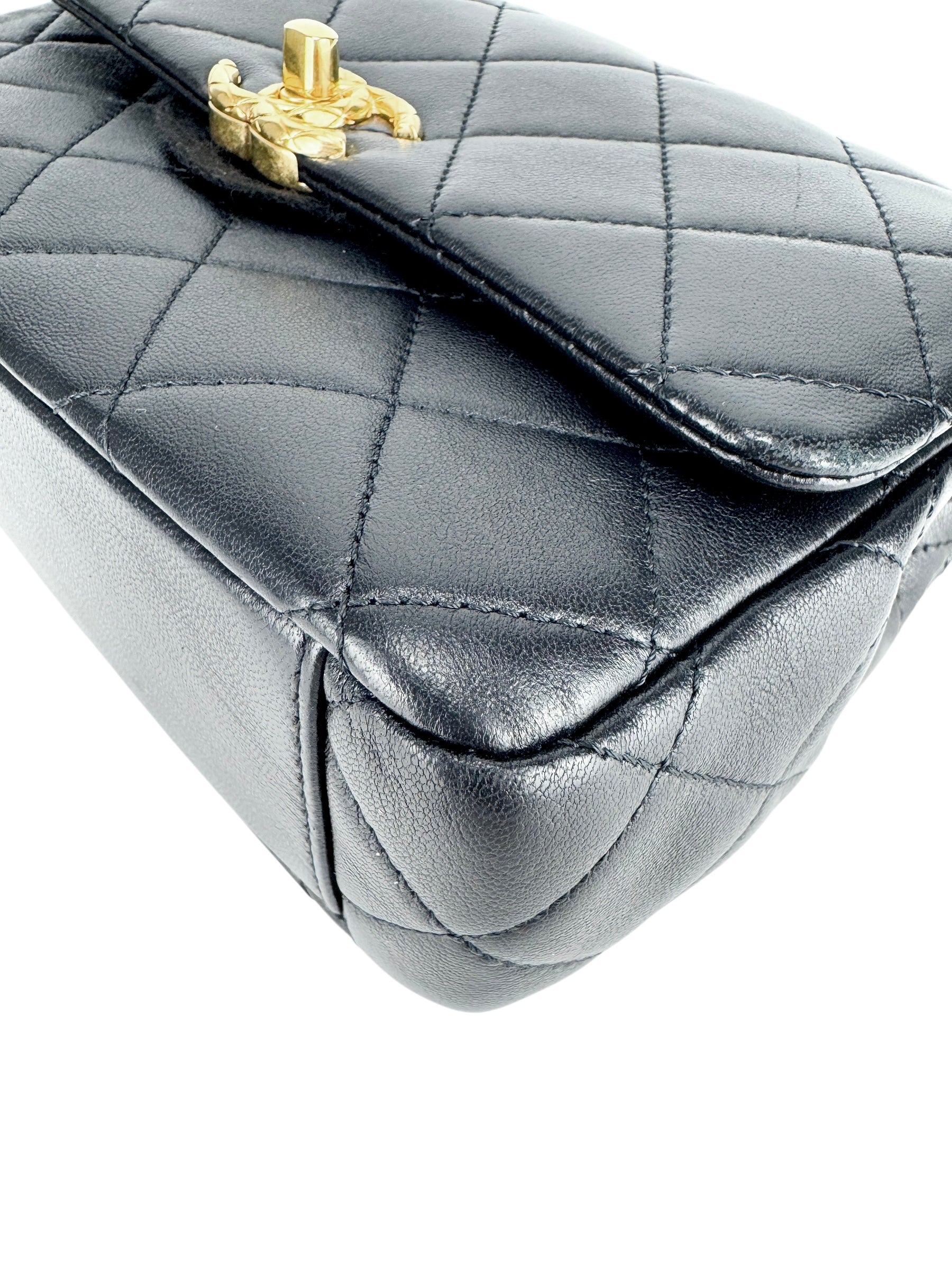 Chanel Black Lambskin Leather Matelasse Top Handle Single Flap Bag Small