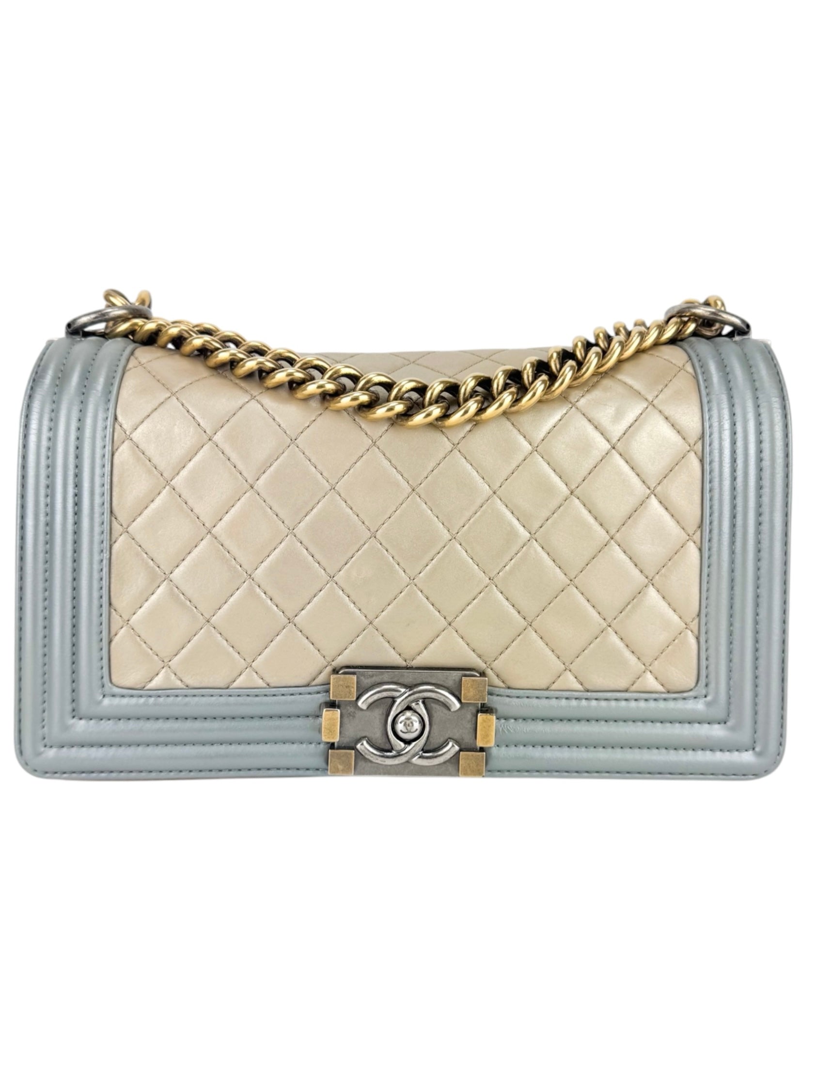 Chanel Bicolor Metallic Light Gold and Silver Calfskin Boy Bag Medium