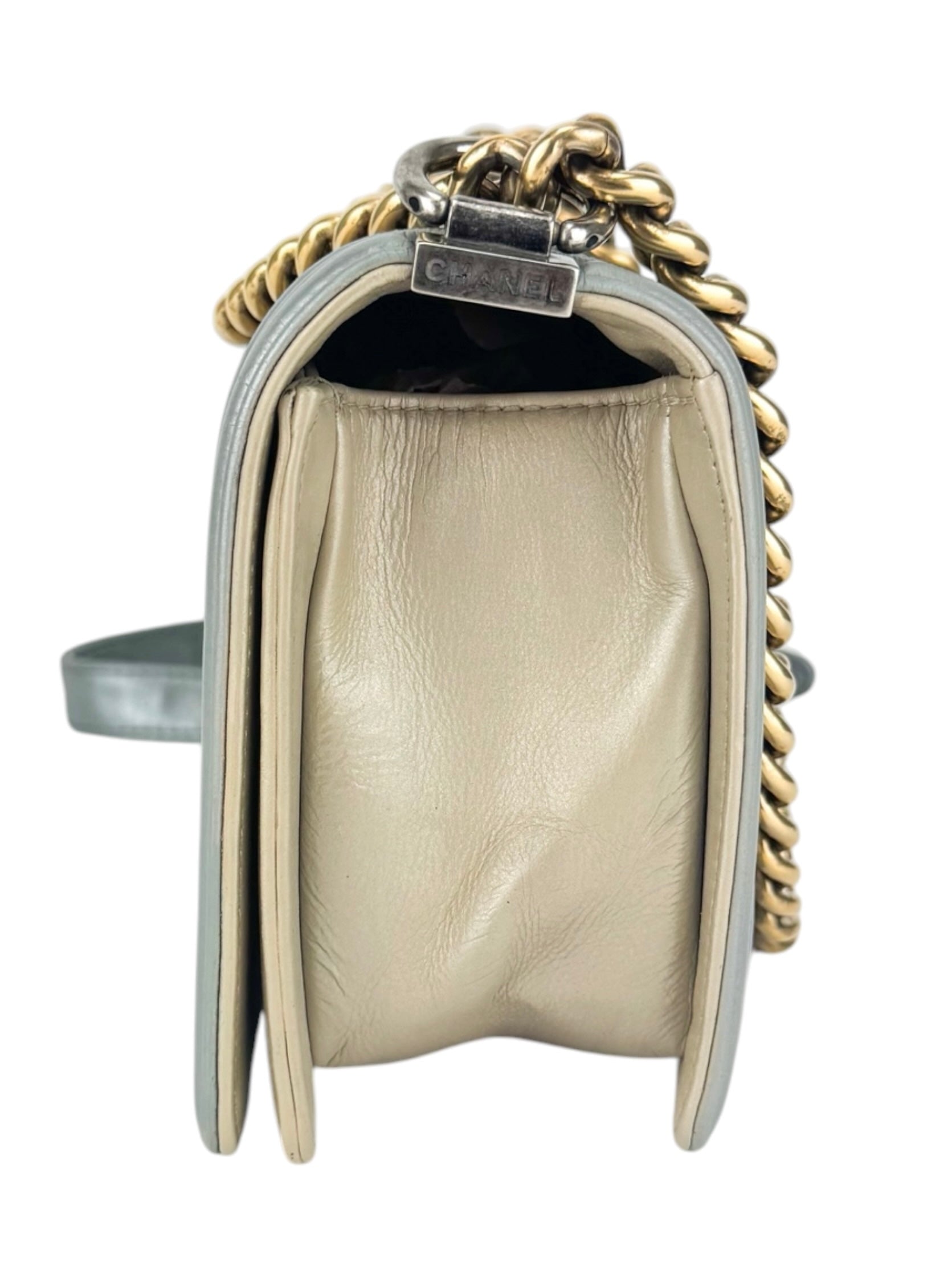 Chanel Bicolor Metallic Light Gold and Silver Calfskin Boy Bag Medium