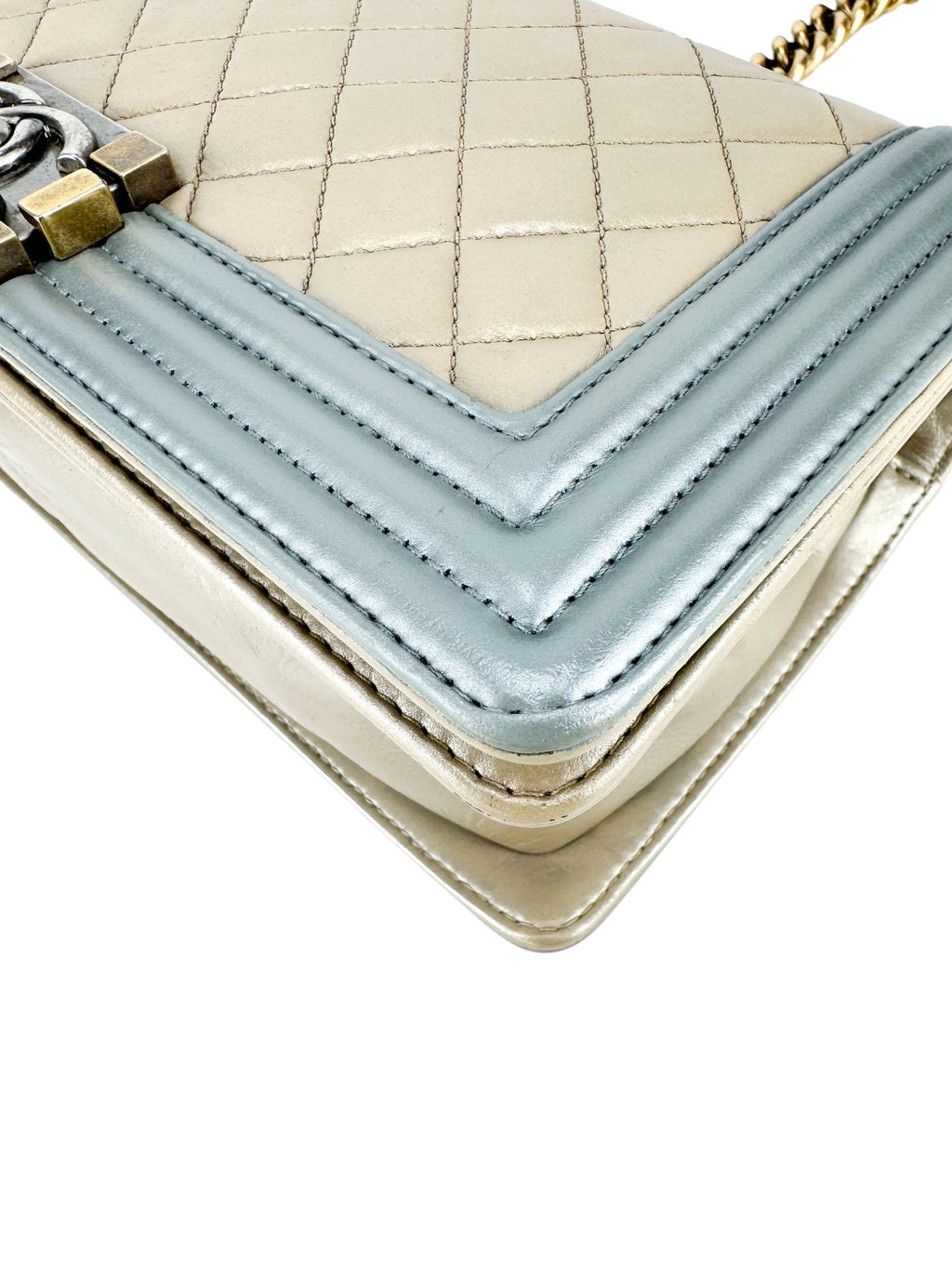 Chanel Bicolor Metallic Light Gold and Silver Calfskin Boy Bag Medium