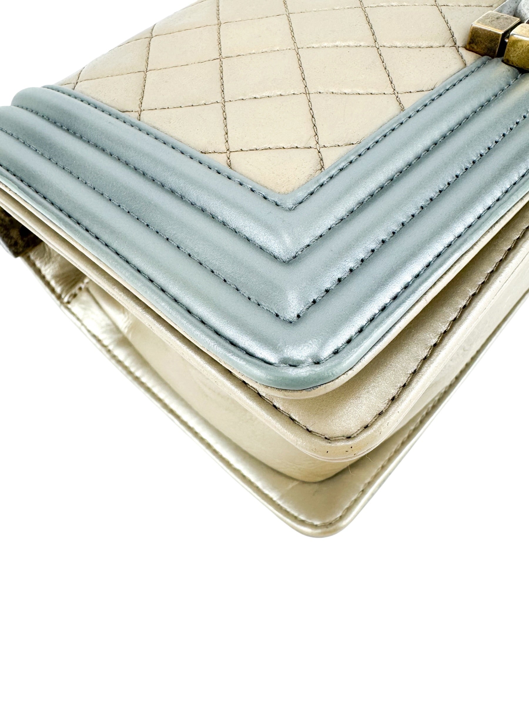 Chanel Bicolor Metallic Light Gold and Silver Calfskin Boy Bag Medium