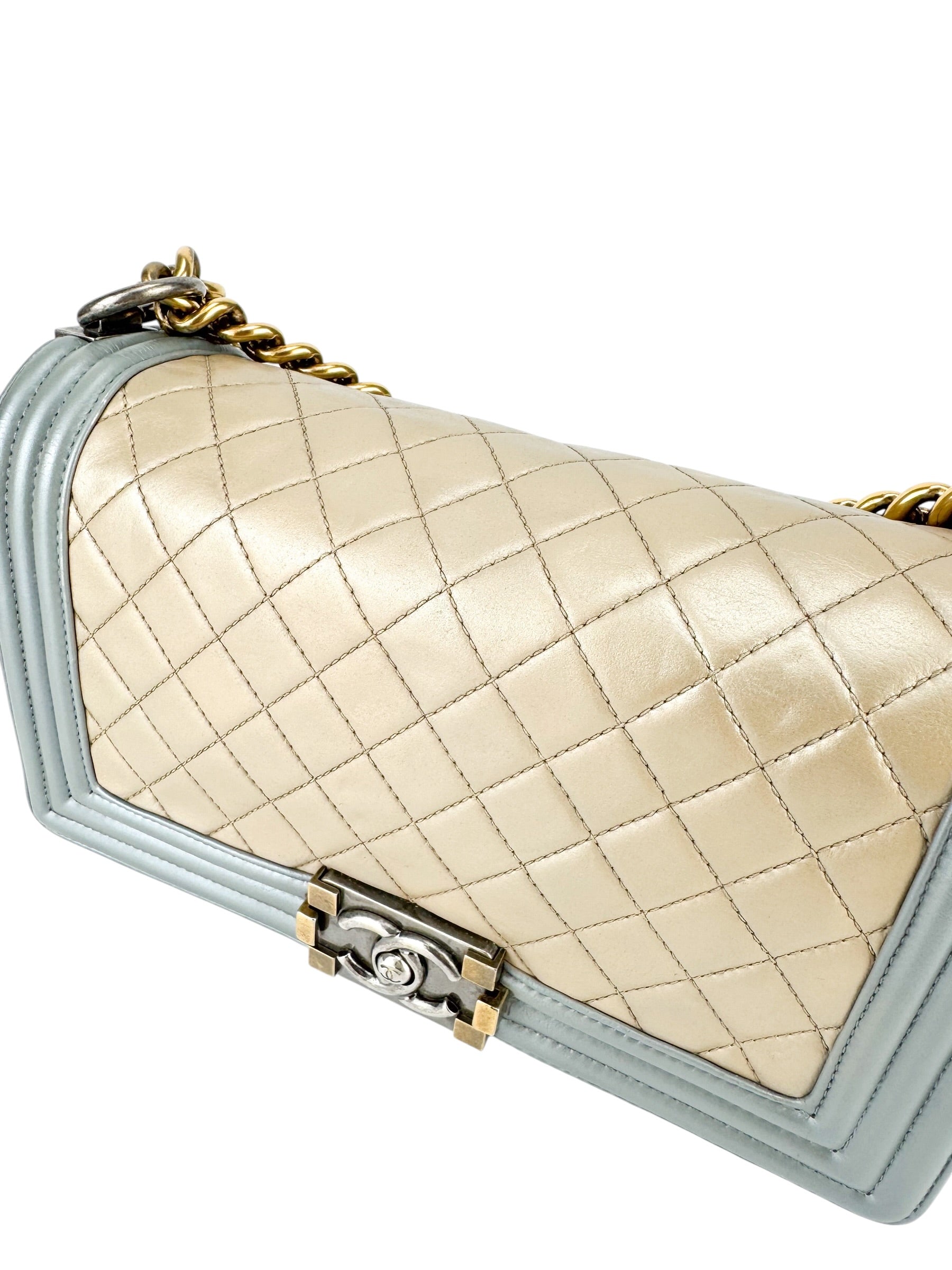 Chanel Bicolor Metallic Light Gold and Silver Calfskin Boy Bag Medium