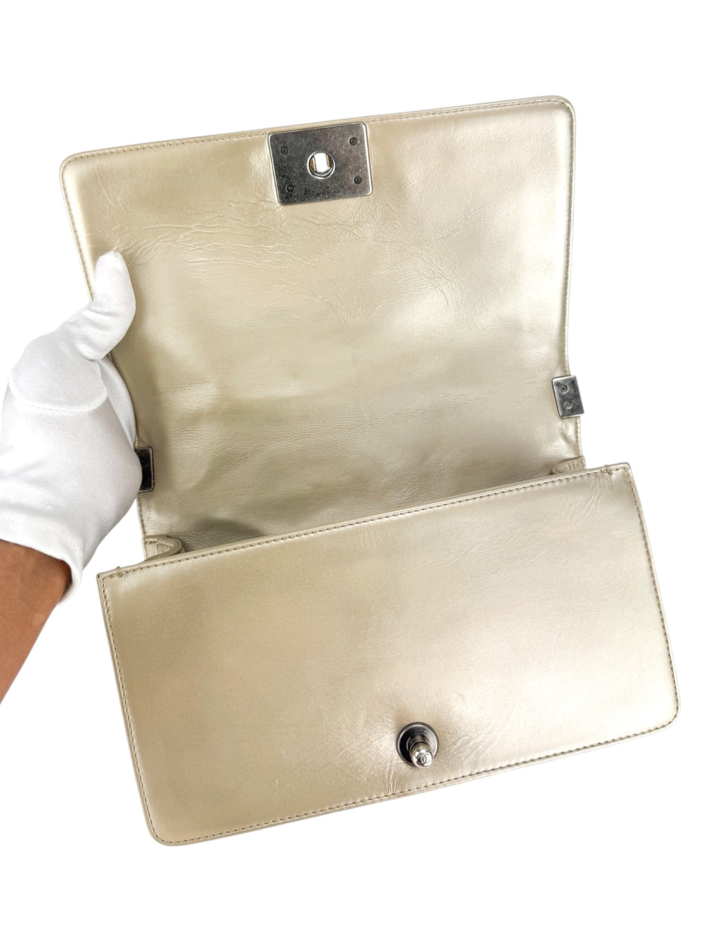 Chanel Bicolor Metallic Light Gold and Silver Calfskin Boy Bag Medium