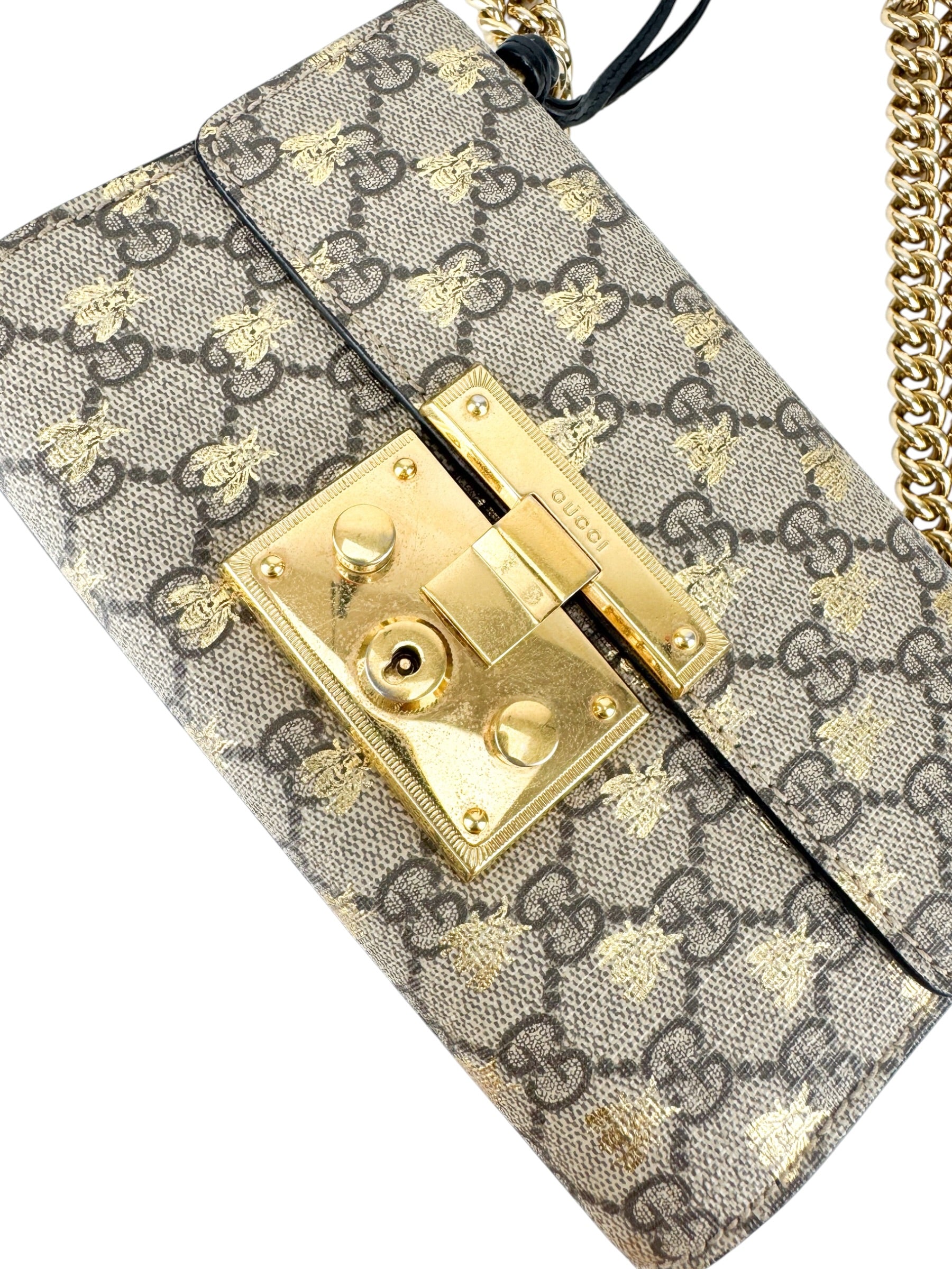 Gucci Brown, Beige and Black Coated Canvas GG Supreme Padlock Bag Small