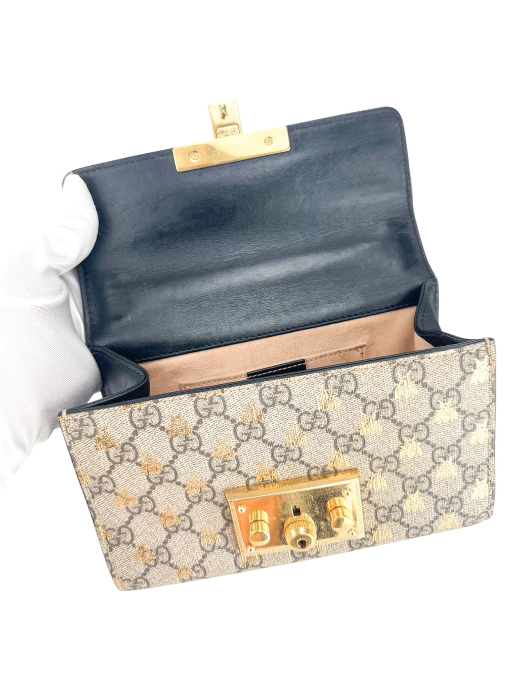 Gucci Brown, Beige and Black Coated Canvas GG Supreme Padlock Bag Small