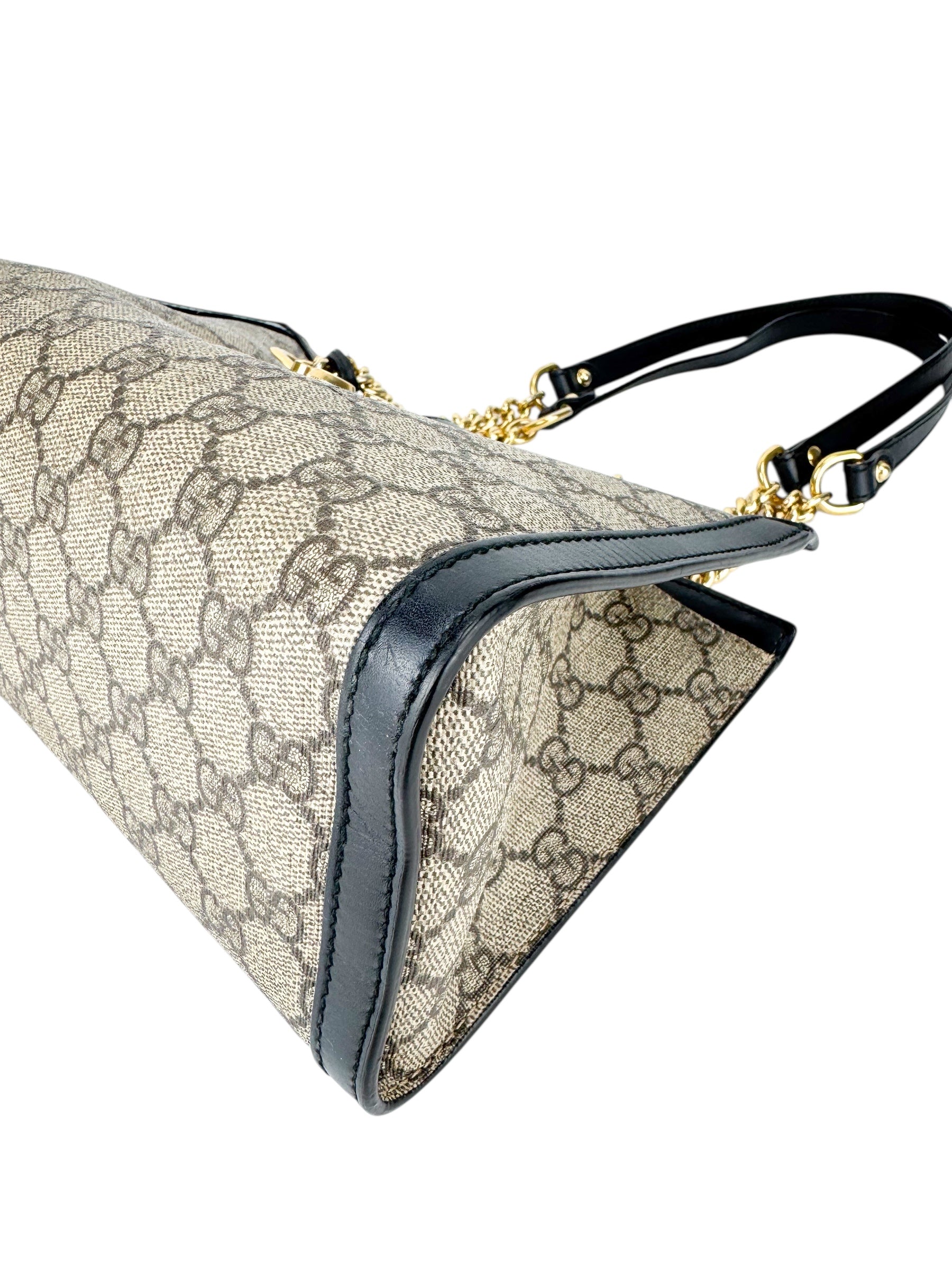 Gucci Light Beige and Black Coated Canvas GG Supreme Padlock Tote Medium