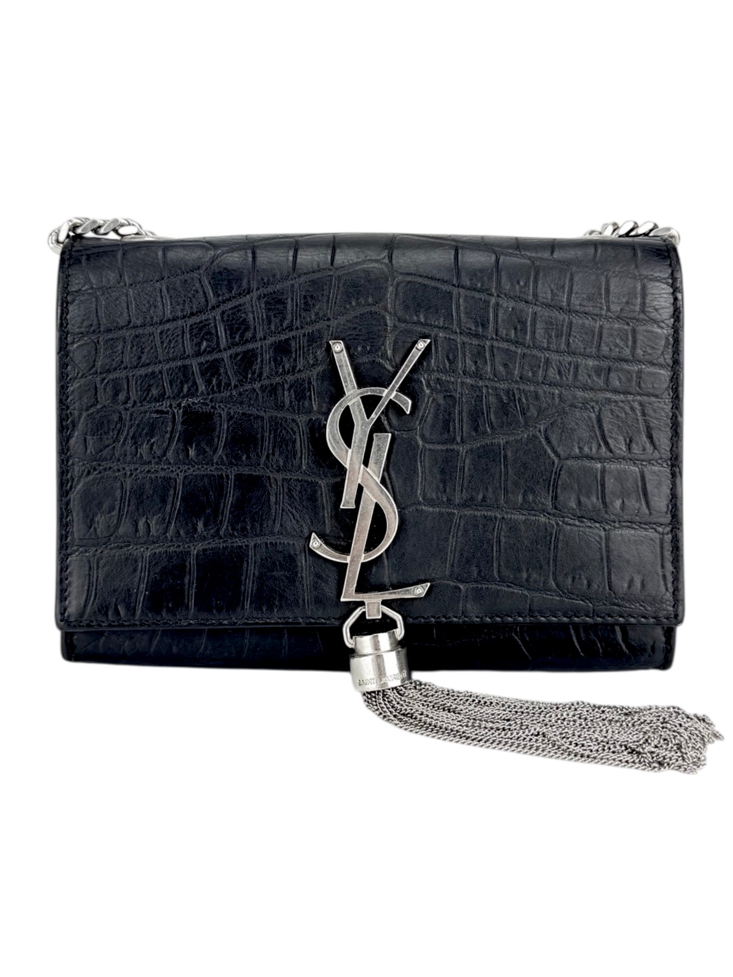Saint Laurent Black Leather Croc Embossed Kate Tassel Bag Small