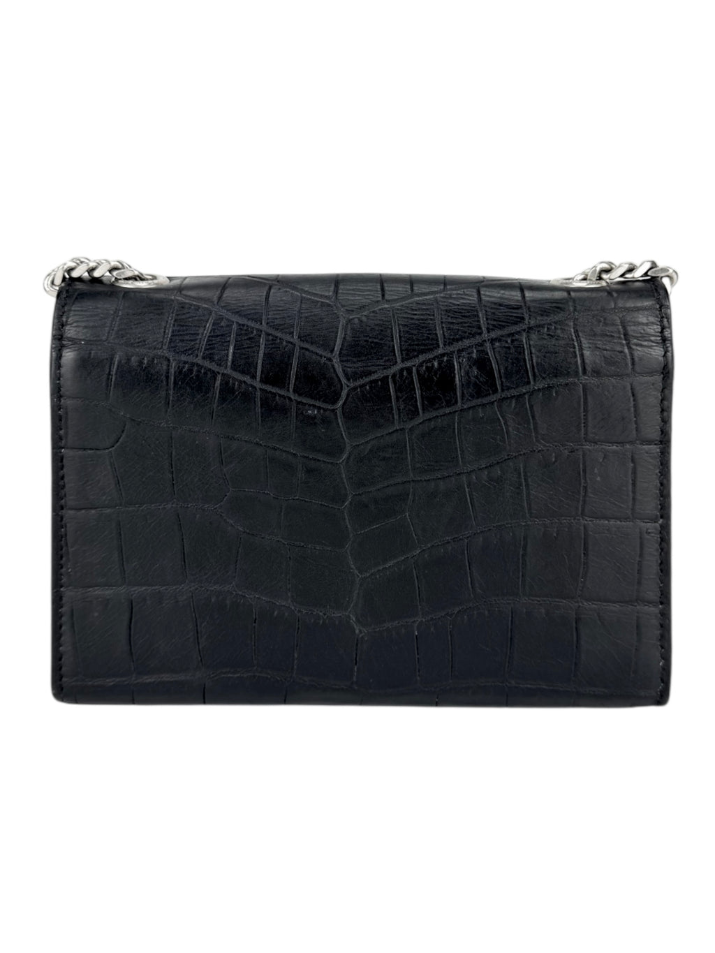 Saint Laurent Black Leather Croc Embossed Kate Tassel Bag Small