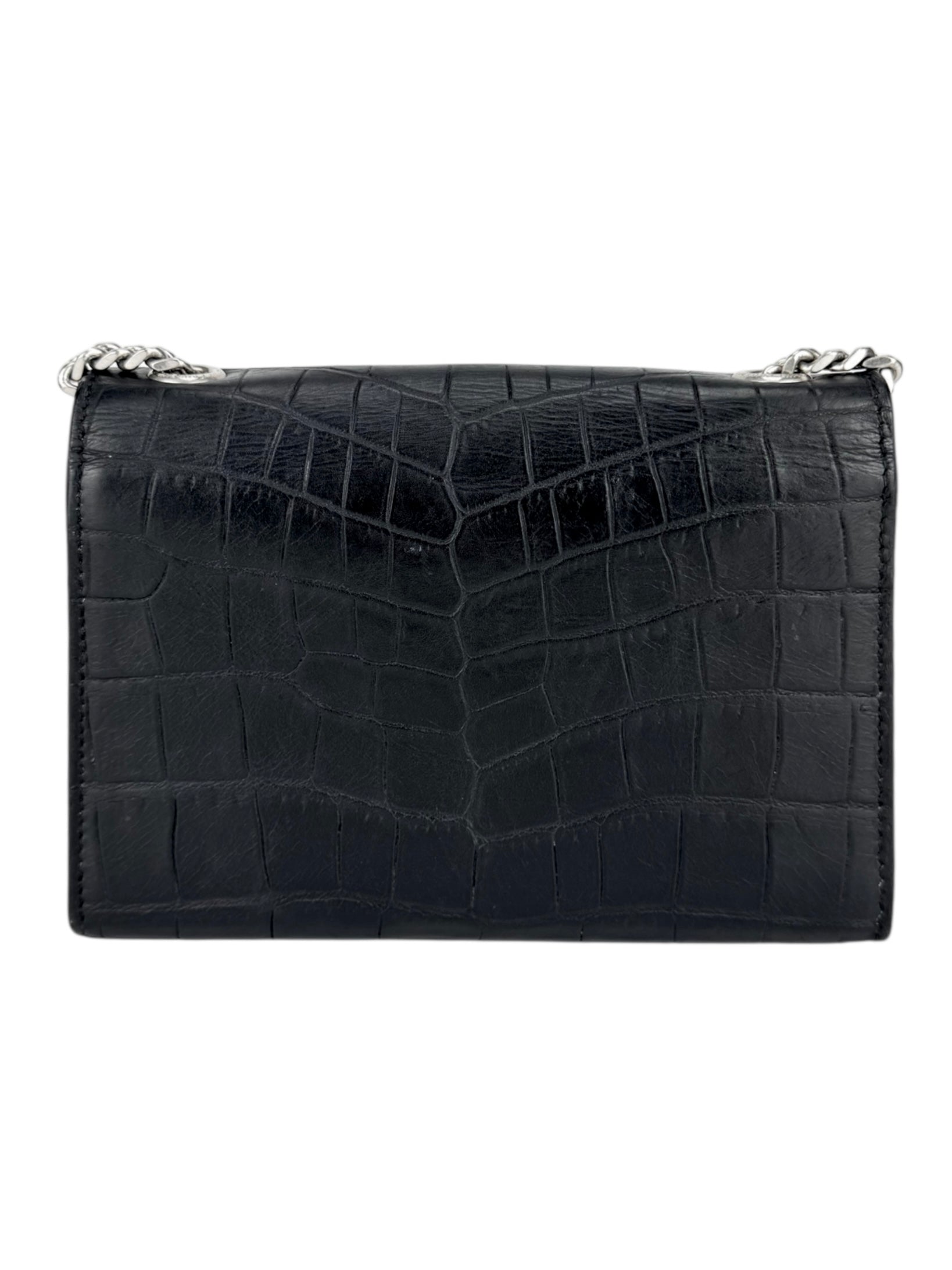 Saint Laurent Black Leather Croc Embossed Kate Tassel Bag Small