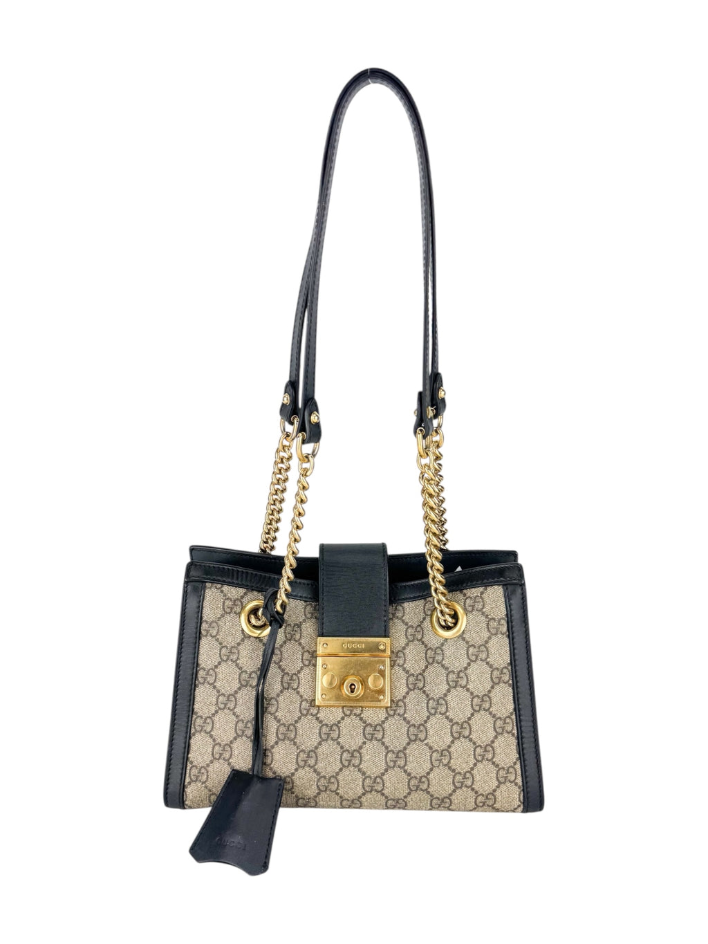 Gucci Light Beige and Black Coated Canvas GG Supreme Padlock Tote Medium